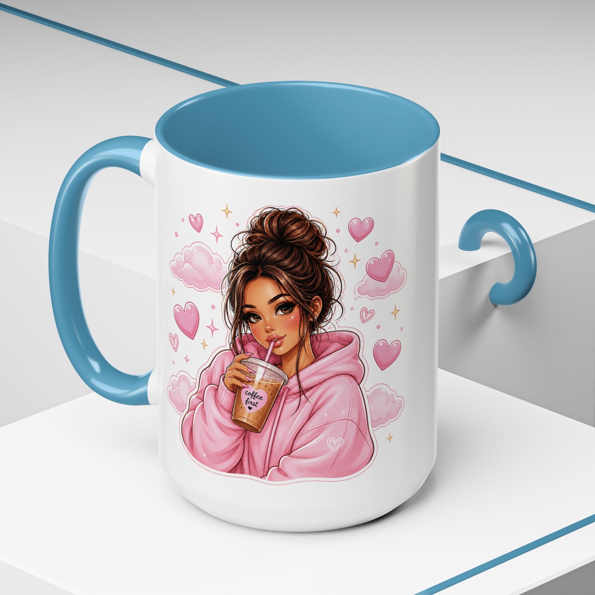 Cute Girl Pink Hoodie Coffee Mug — Iced Coffee Aesthetic Accent Mug (11/15oz)