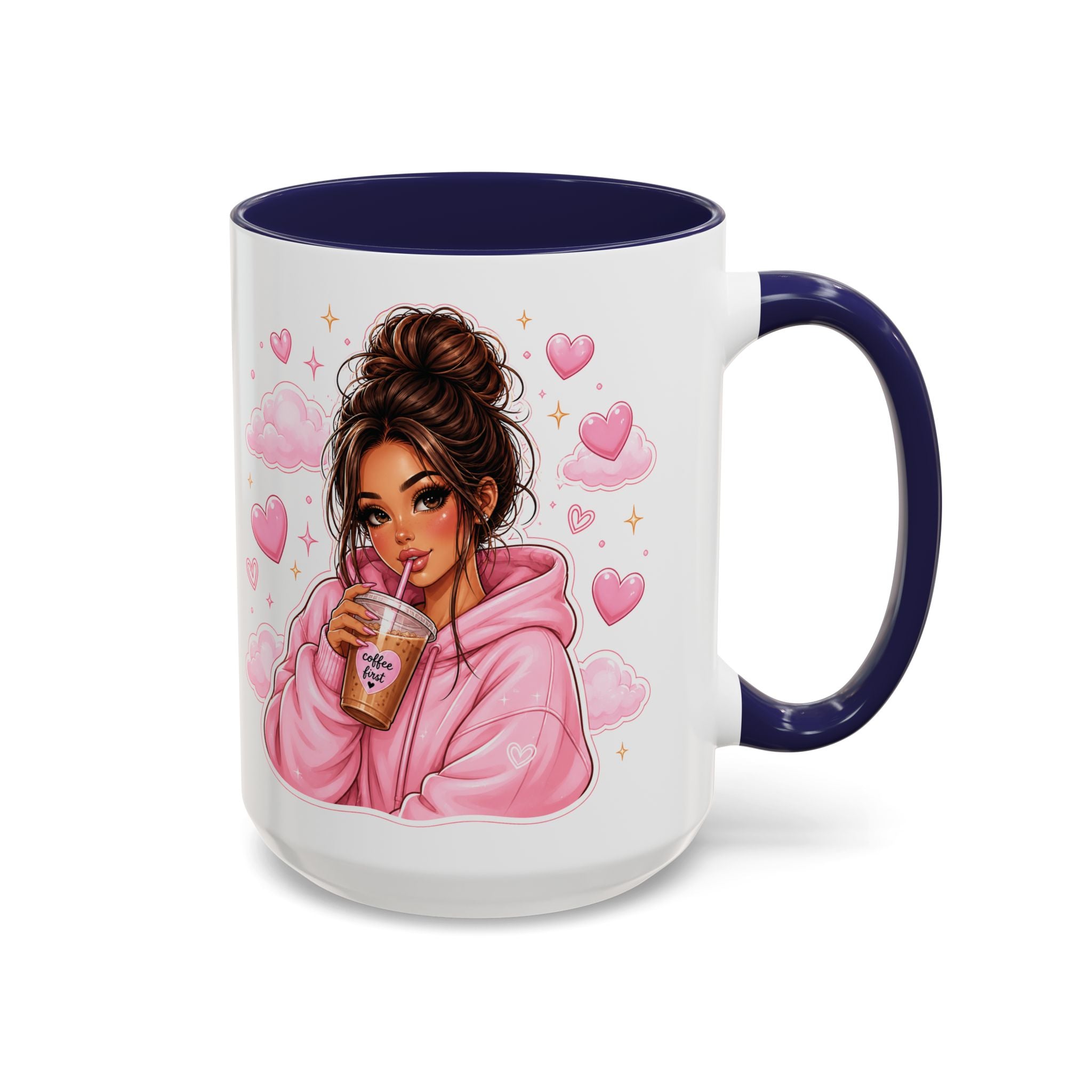 Cute Girl Pink Hoodie Coffee Mug — Iced Coffee Aesthetic Accent Mug (11/15oz)