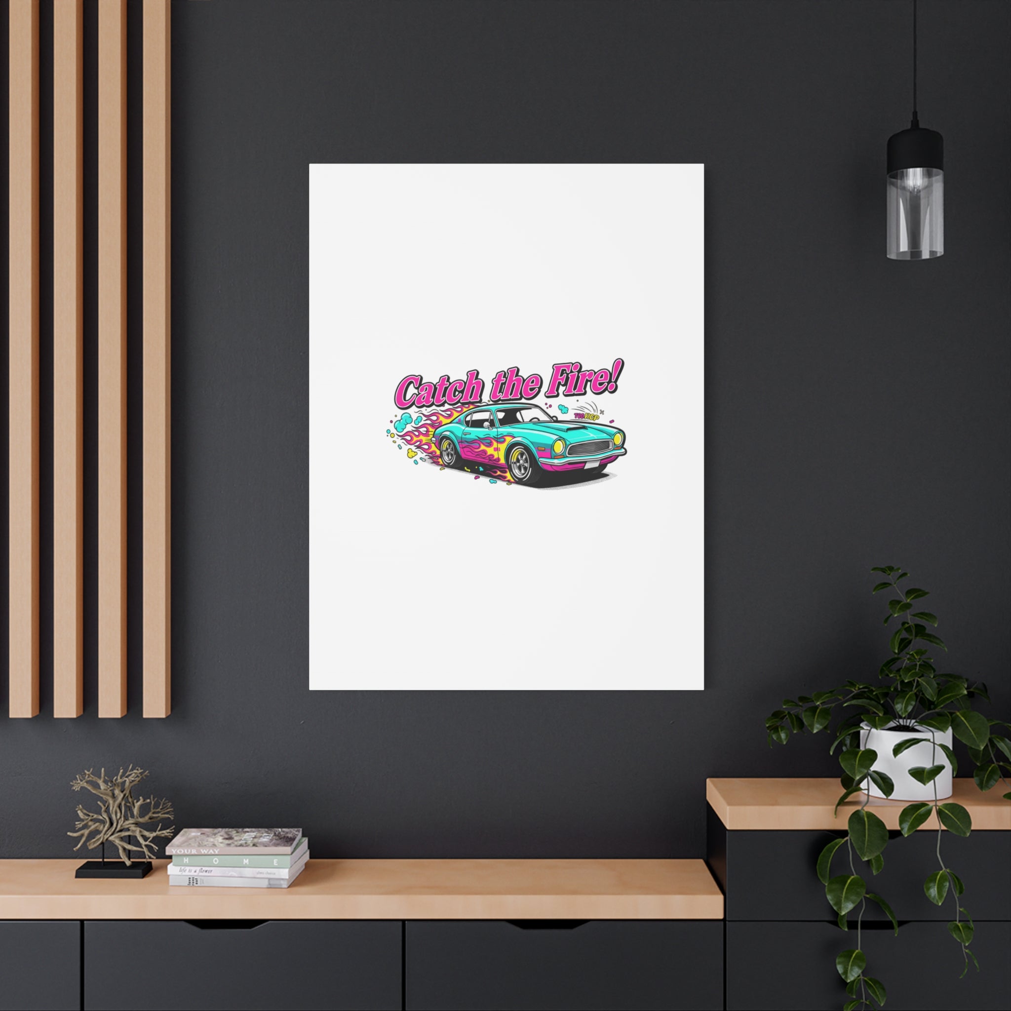 Catch the Fire Retro Car Canvas | Cartoon Racing Flame, Vintage Car Illustration