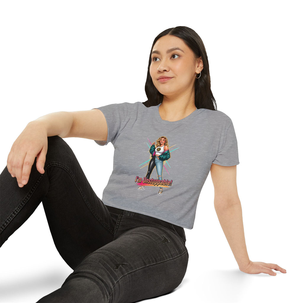 Women’s Festival Crop Top — “I’m Unstoppable!” Retro 80s Empowerment Tee