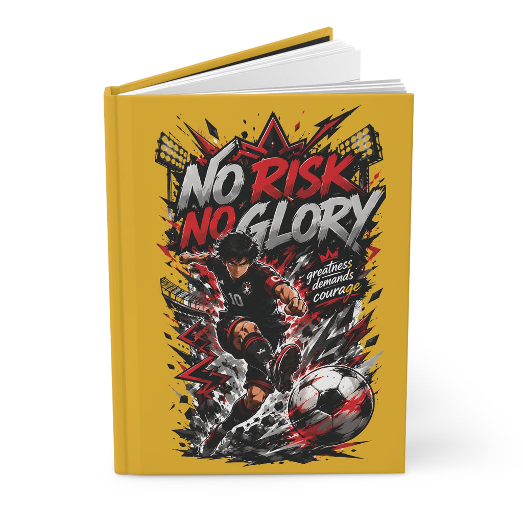 No Risk No Glory Soccer Journal — Personalized Hardcover Sports Notebook (Your Name & Number)