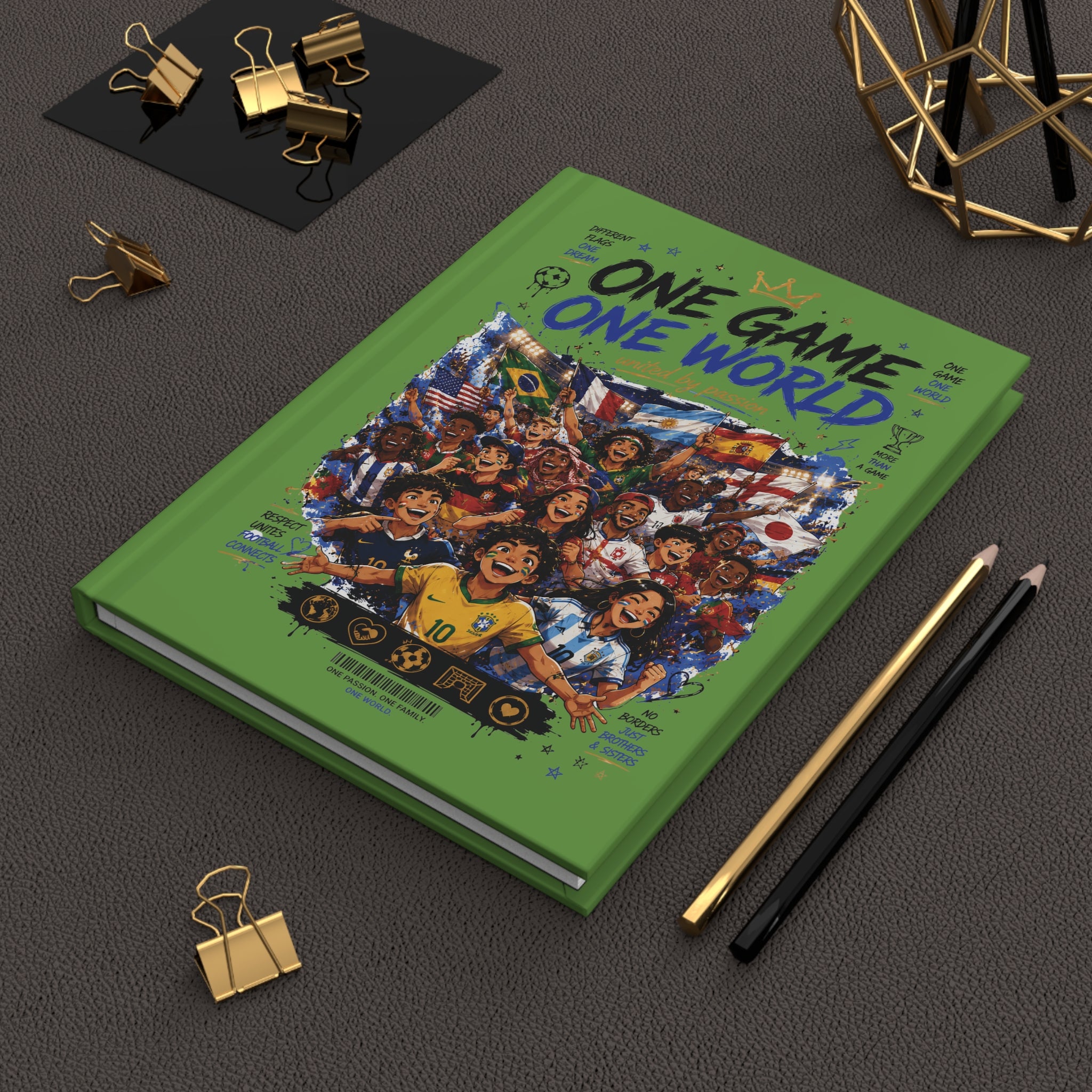 Hardcover Journal — 'One Game One World' Soccer Team Illustration (Personalized Back Number)
