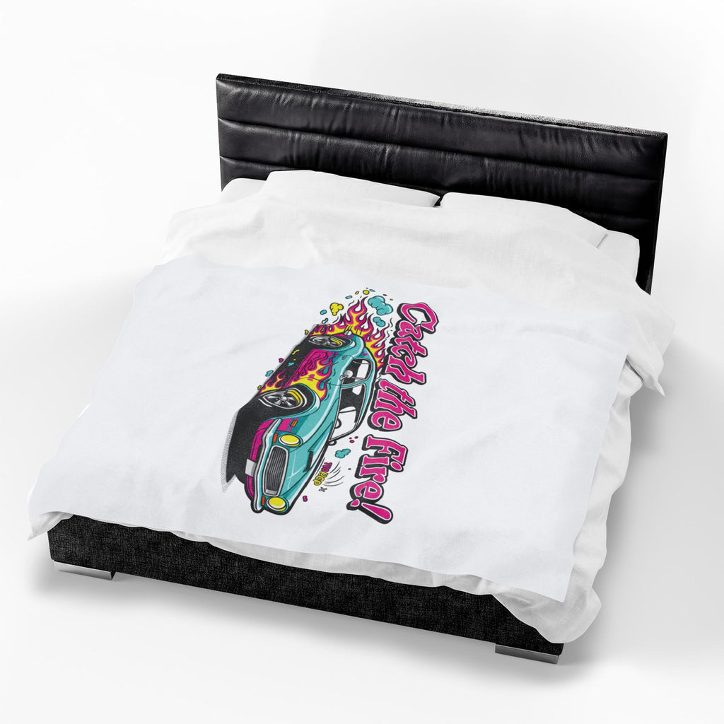 Catch the Fire Retro Cartoon Car Velveteen Plush Blanket | racing flame, vintage car illustration