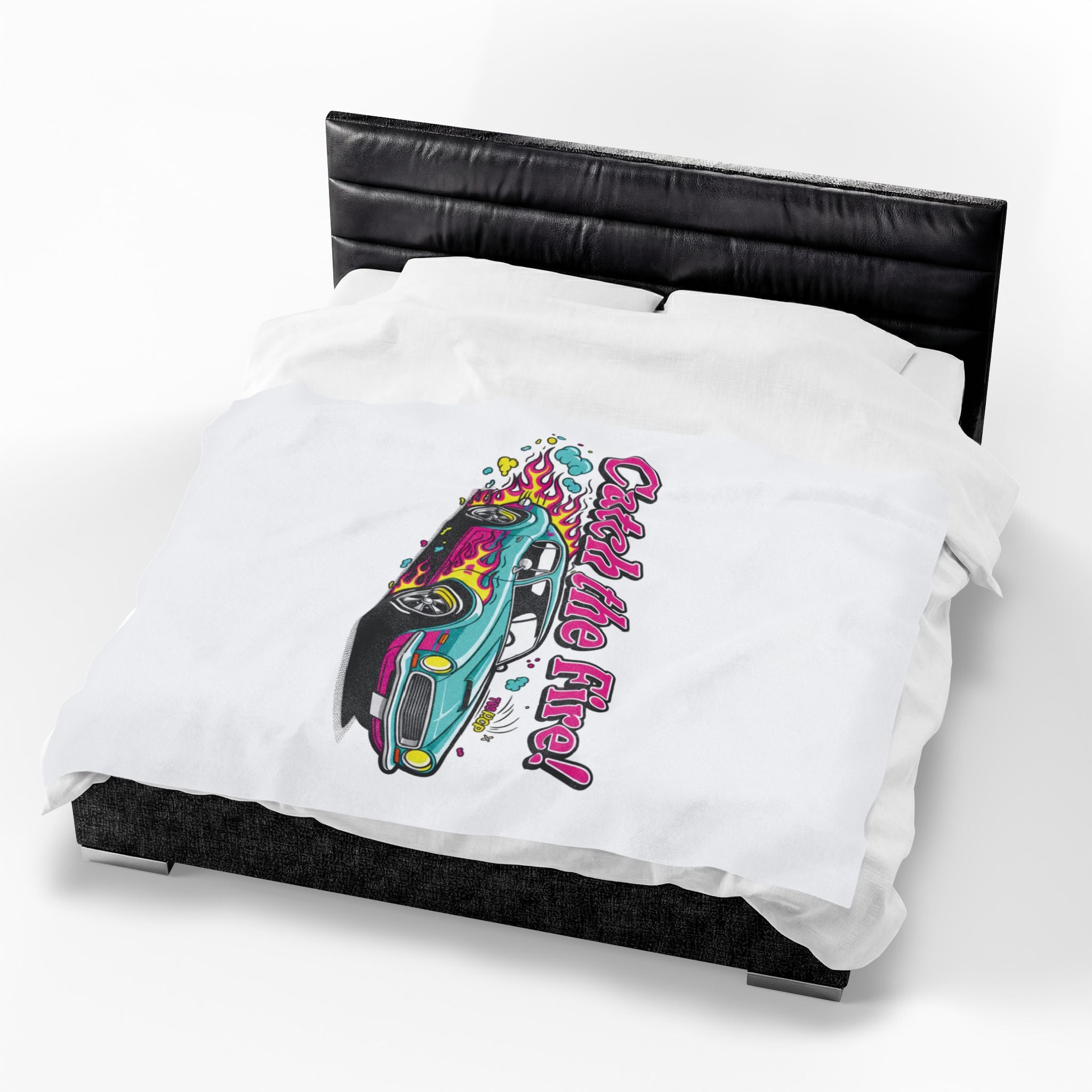 Catch the Fire Retro Cartoon Car Velveteen Plush Blanket | racing flame, vintage car illustration