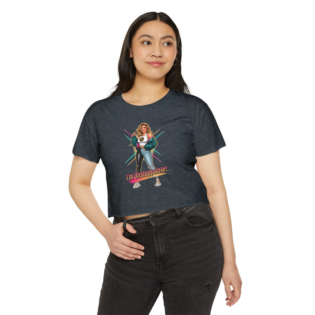 Women’s Festival Crop Top — “I’m Unstoppable!” Retro 80s Empowerment Tee