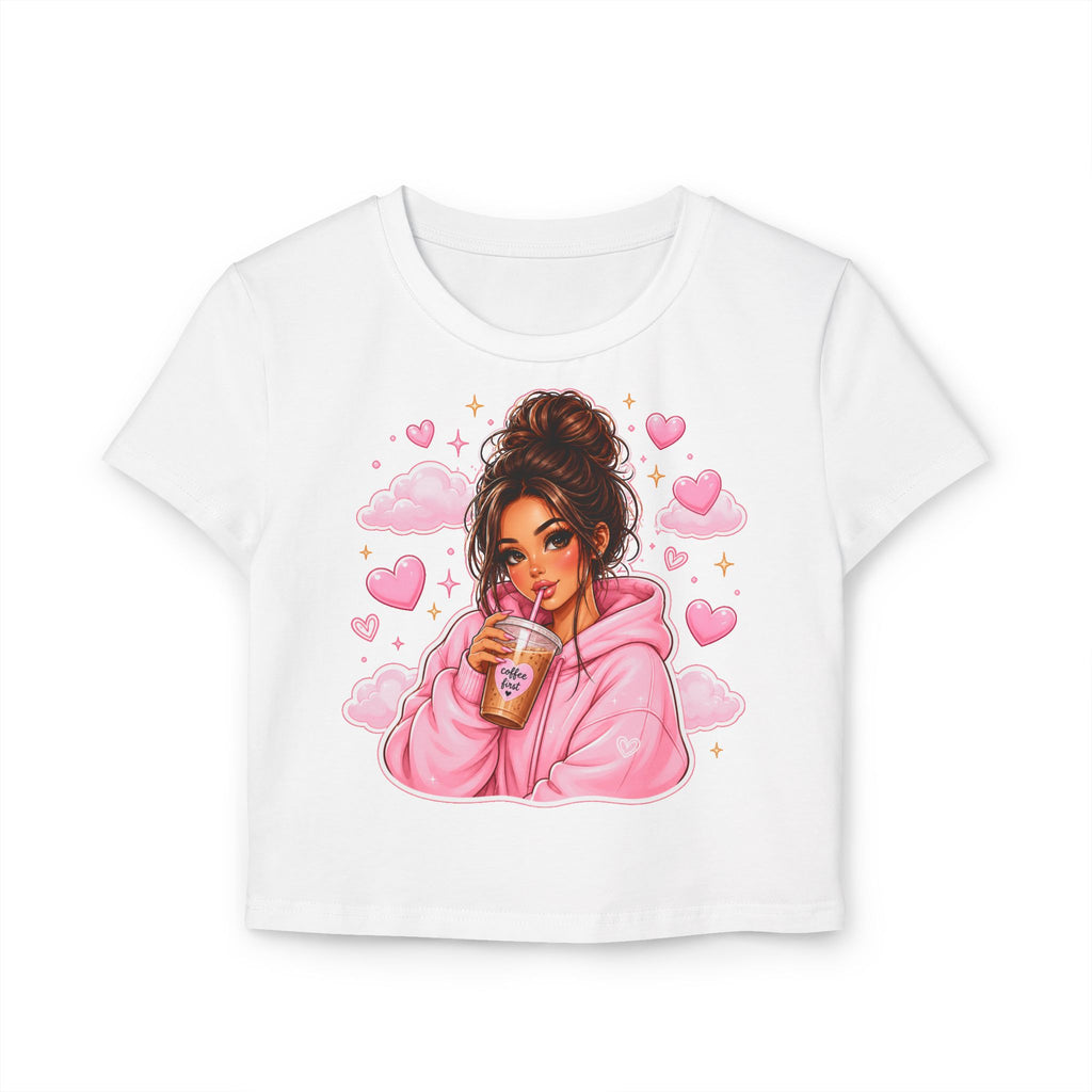 Baby Tee — Cute Girl Drinking Coffee Illustration, Pink Hearts Cozy Aesthetic Top