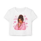 Baby Tee — Cute Girl Drinking Coffee Illustration, Pink Hearts Cozy Aesthetic Top