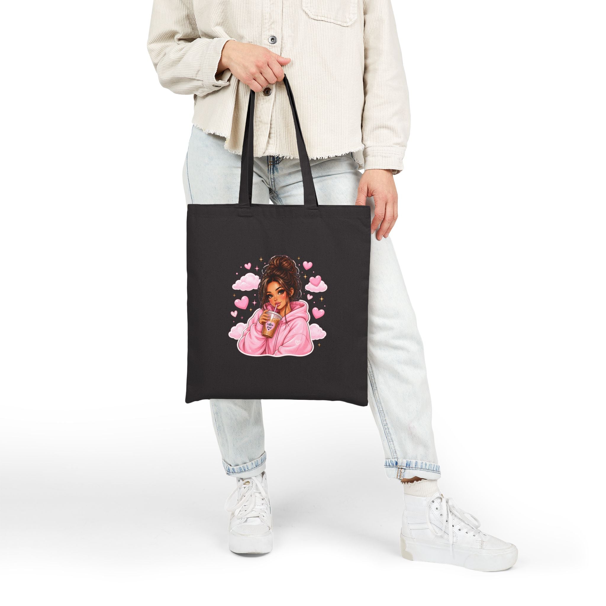 Cute Girl with Coffee Canvas Tote Bag - Pink Hoodie Illustration