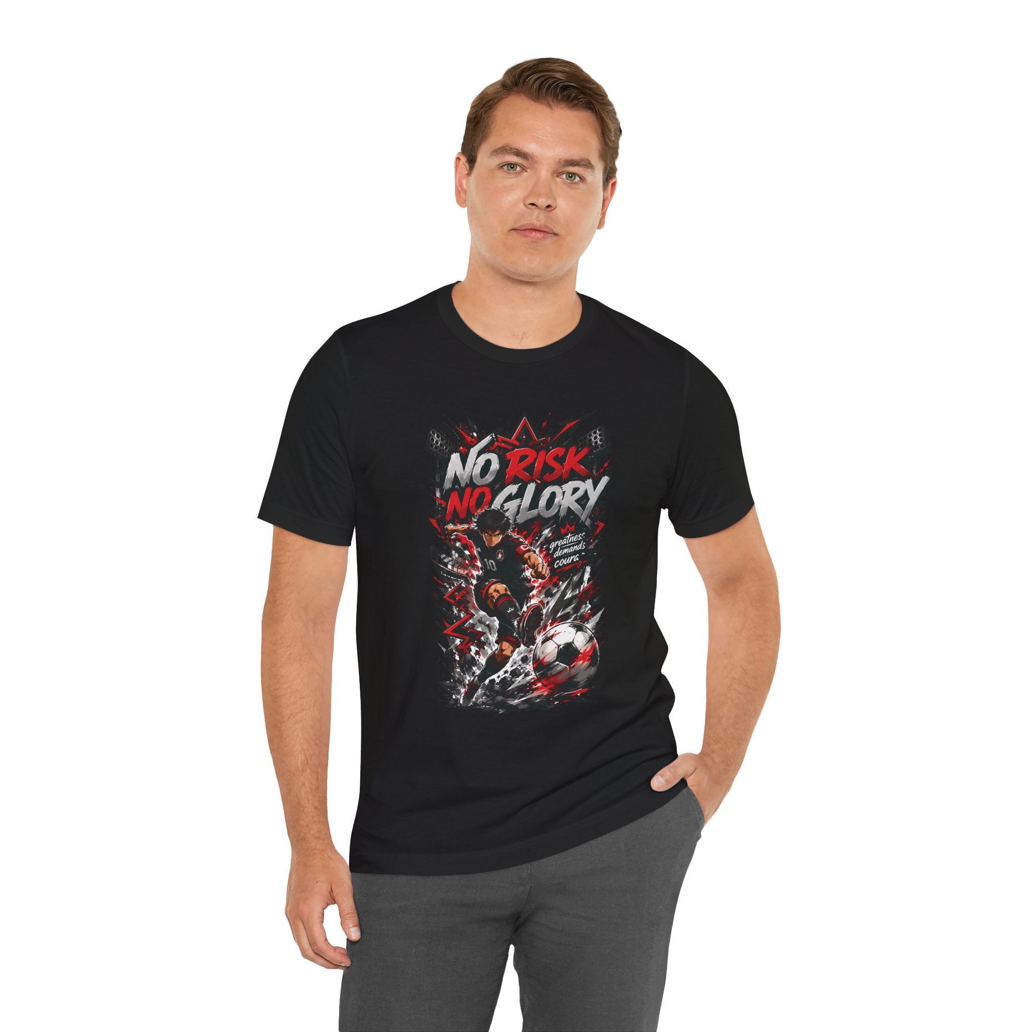No Risk No Glory Soccer T-Shirt — Dynamic Football Player Graphic Tee