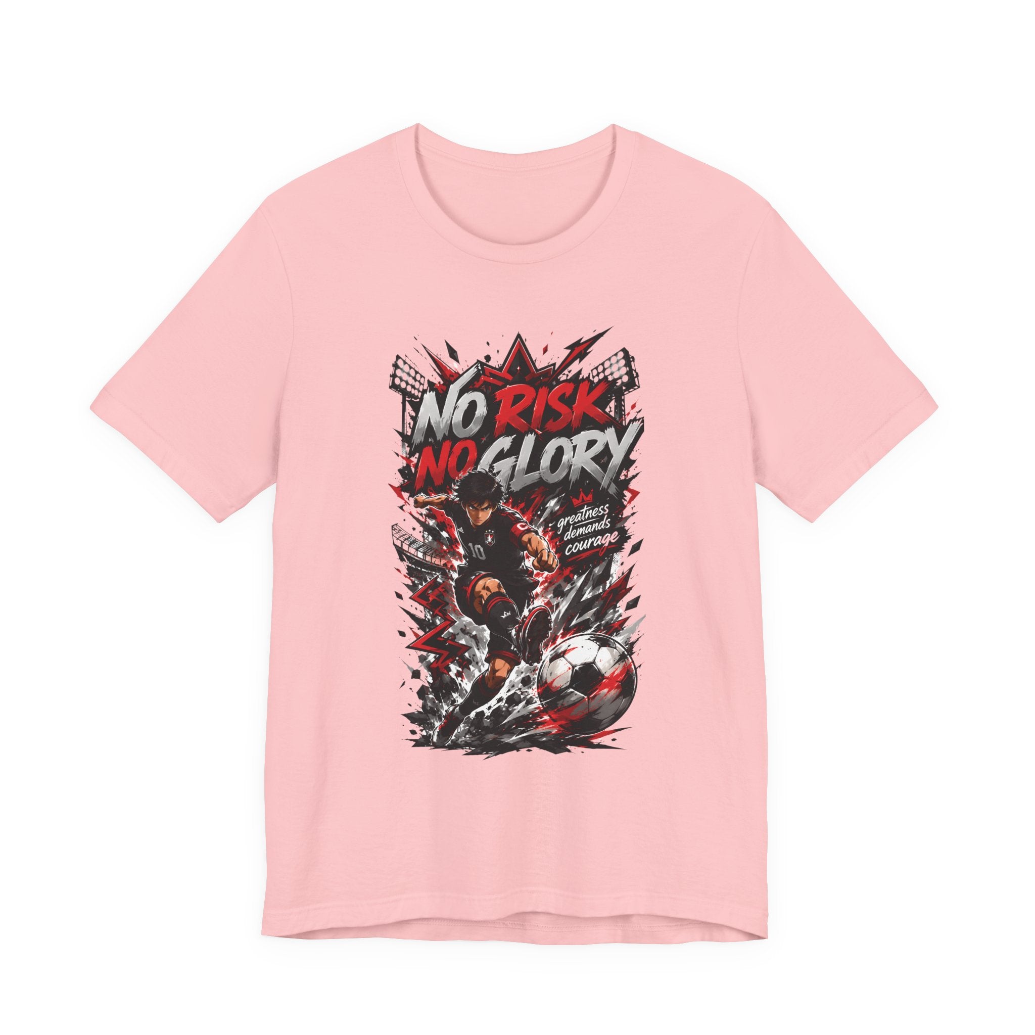 No Risk No Glory Soccer T-Shirt — Dynamic Football Player Graphic Tee