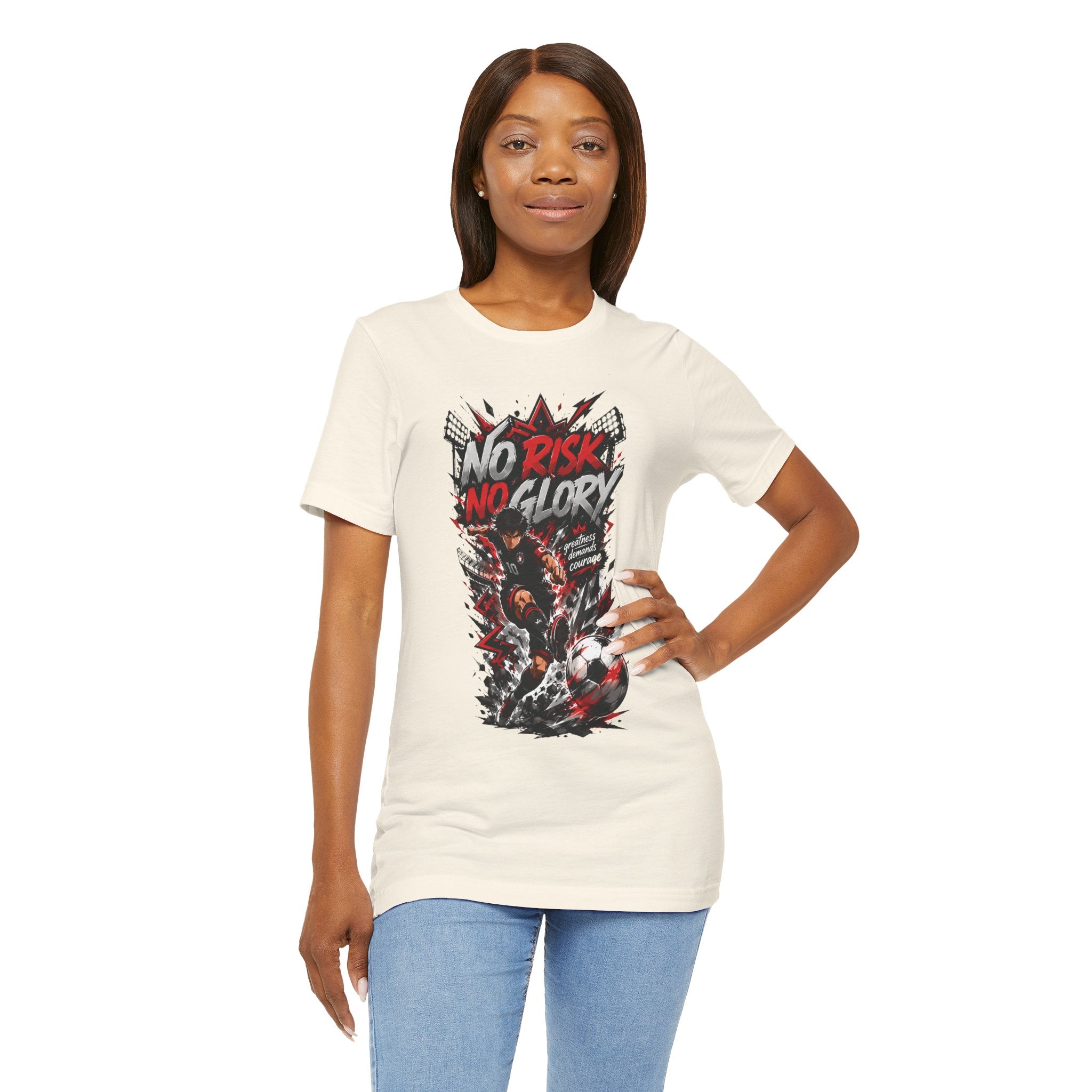 No Risk No Glory Soccer T-Shirt — Dynamic Football Player Graphic Tee