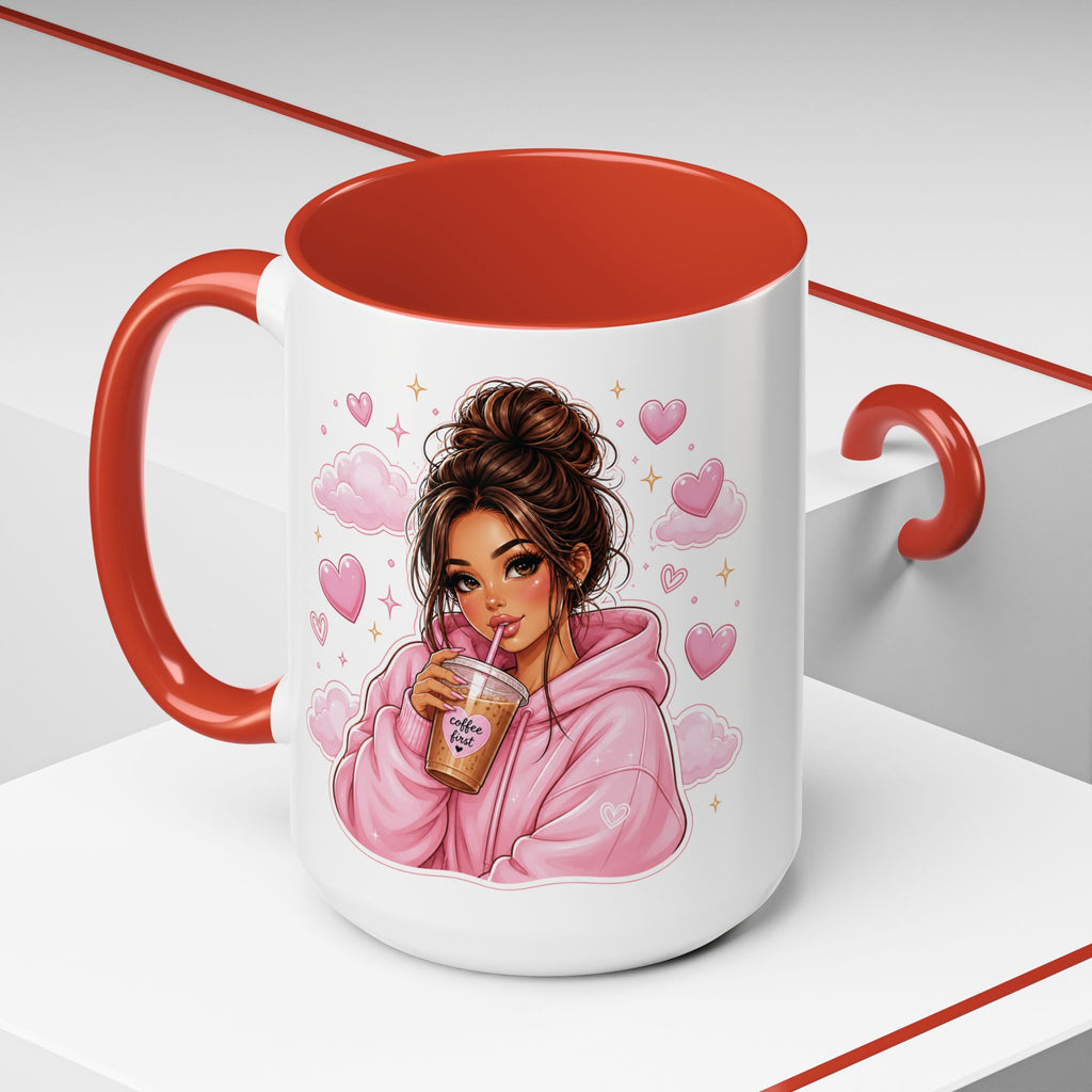 Cute Girl Pink Hoodie Coffee Mug — Iced Coffee Aesthetic Accent Mug (11/15oz)