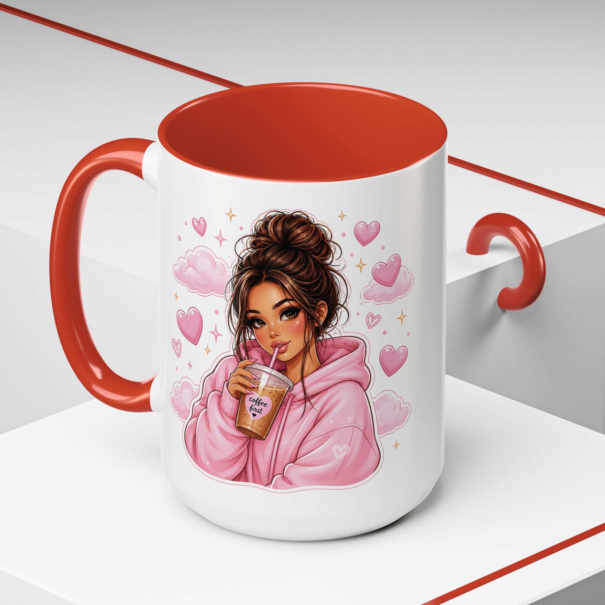 Cute Girl Pink Hoodie Coffee Mug — Iced Coffee Aesthetic Accent Mug (11/15oz)
