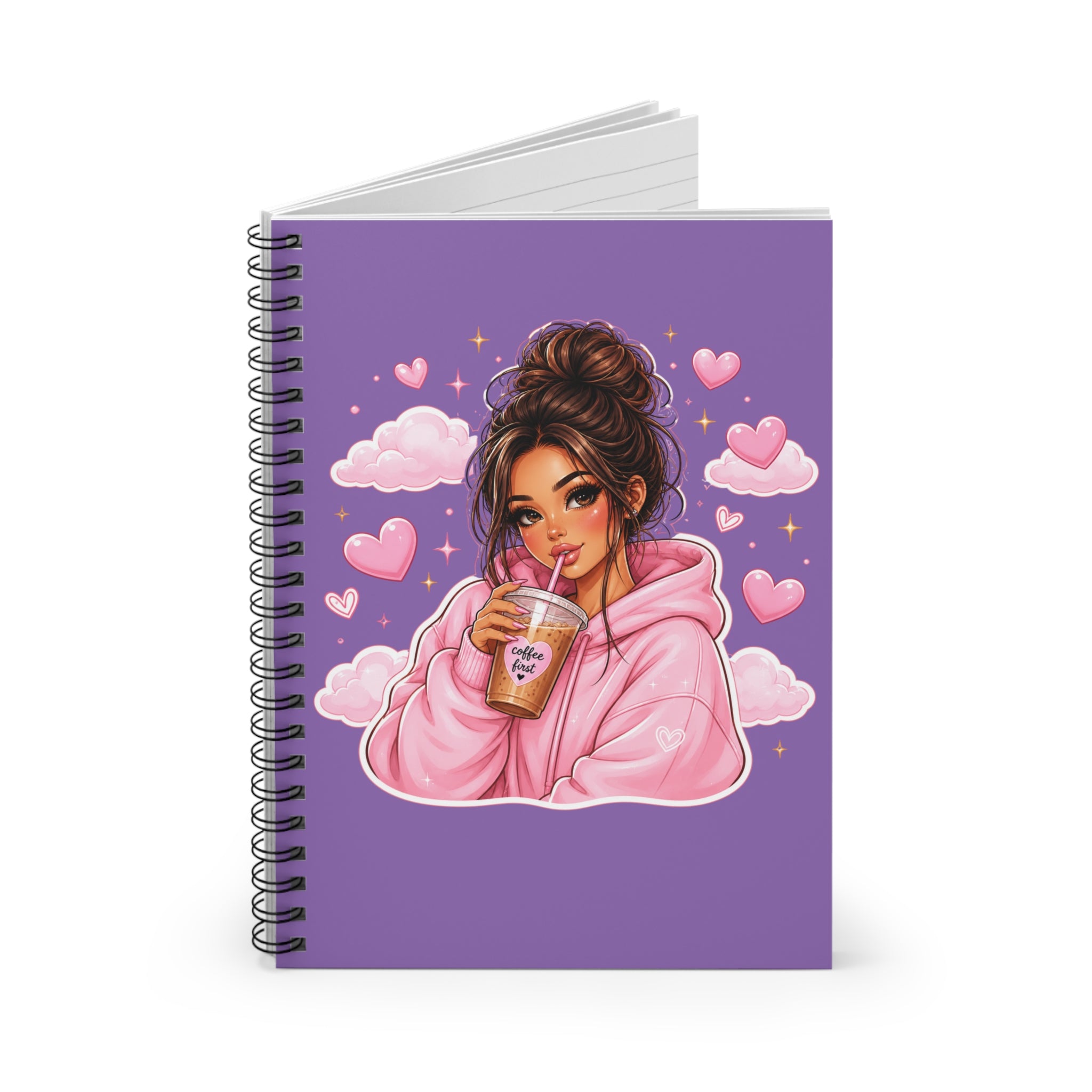 Cute Girl Drinking Boba Spiral Notebook — Pink Hoodie Illustration, Ruled Journal