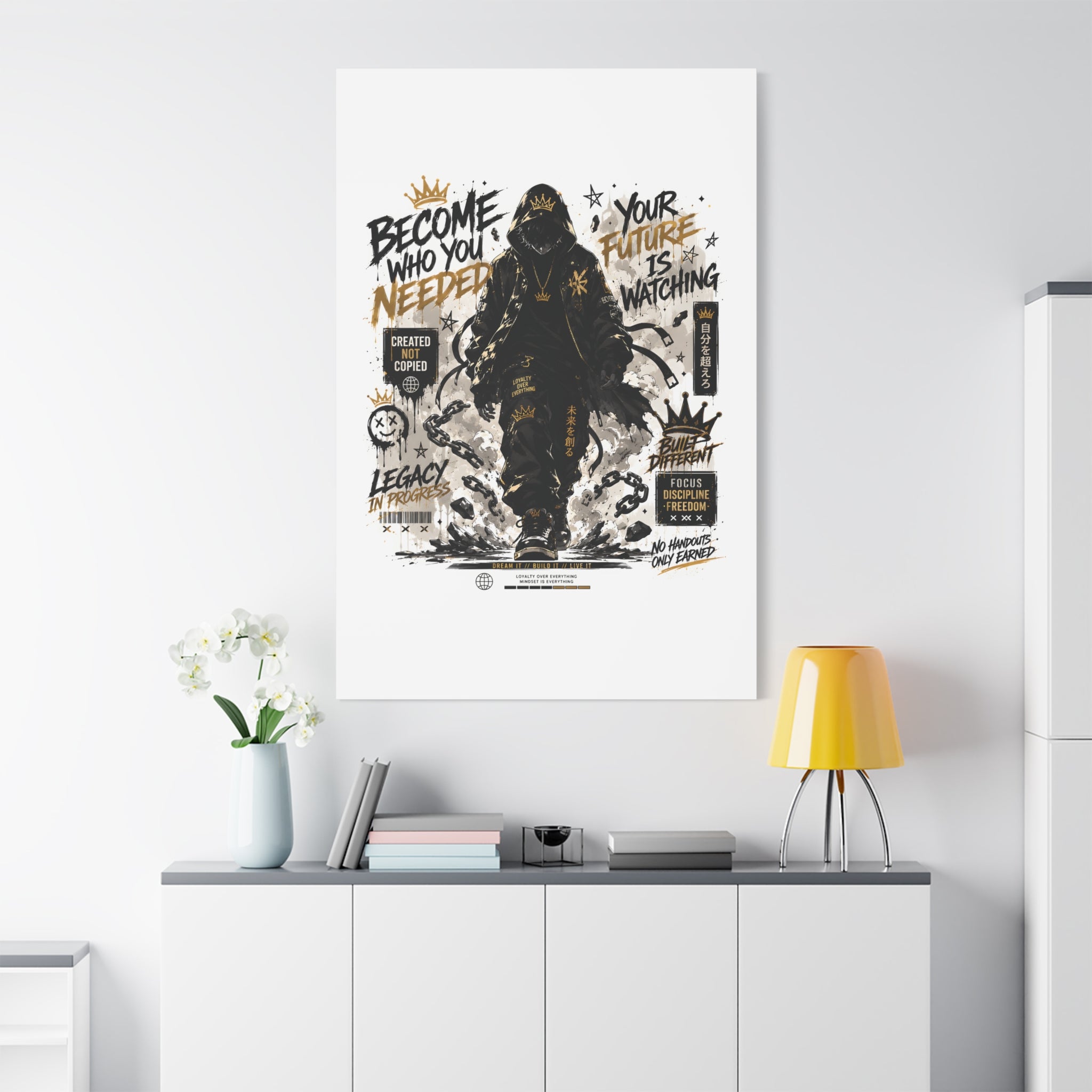 Motivational Street Art Canvas — "Become Who You Needed" Stretched Matte Print