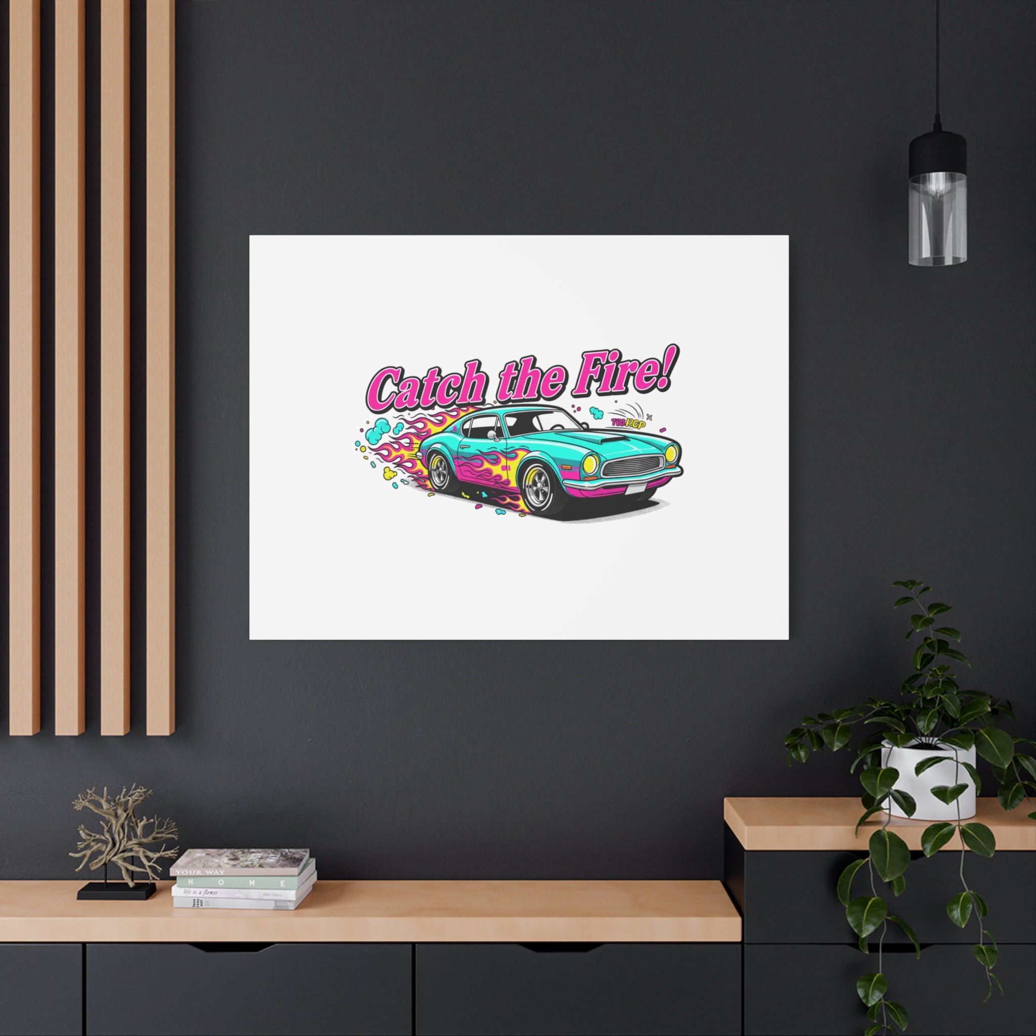 Catch the Fire Retro Car Canvas | Cartoon Racing Flame, Vintage Car Illustration
