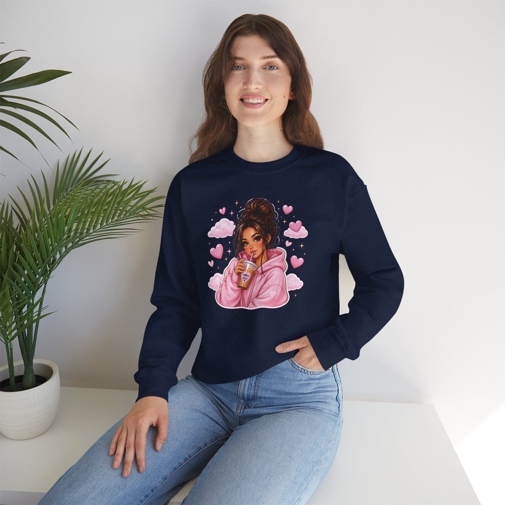 Cozy Pink Heart Girl Crewneck Sweatshirt
