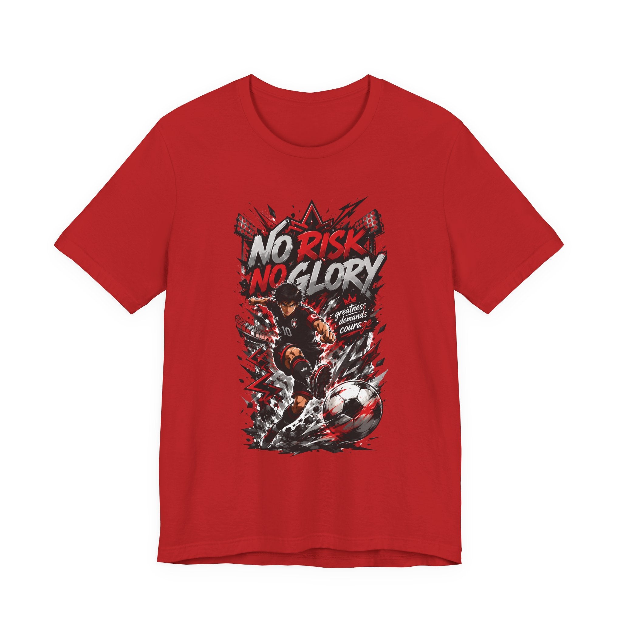 No Risk No Glory Soccer T-Shirt — Dynamic Football Player Graphic Tee