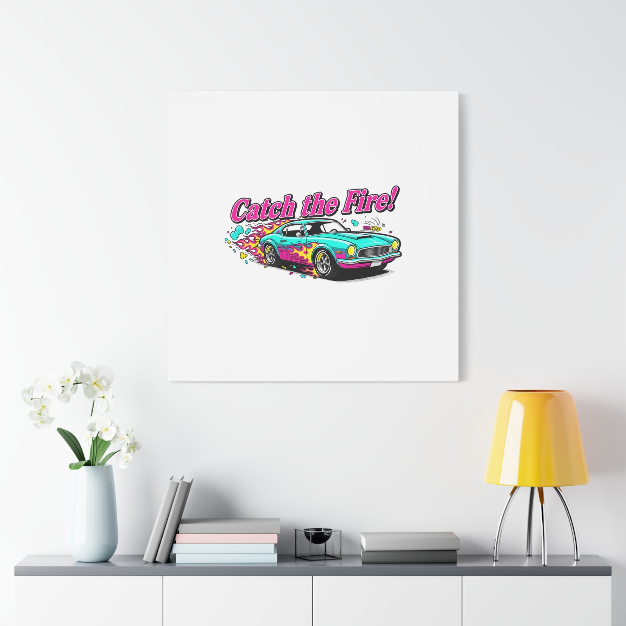 Catch the Fire Retro Car Canvas | Cartoon Racing Flame, Vintage Car Illustration