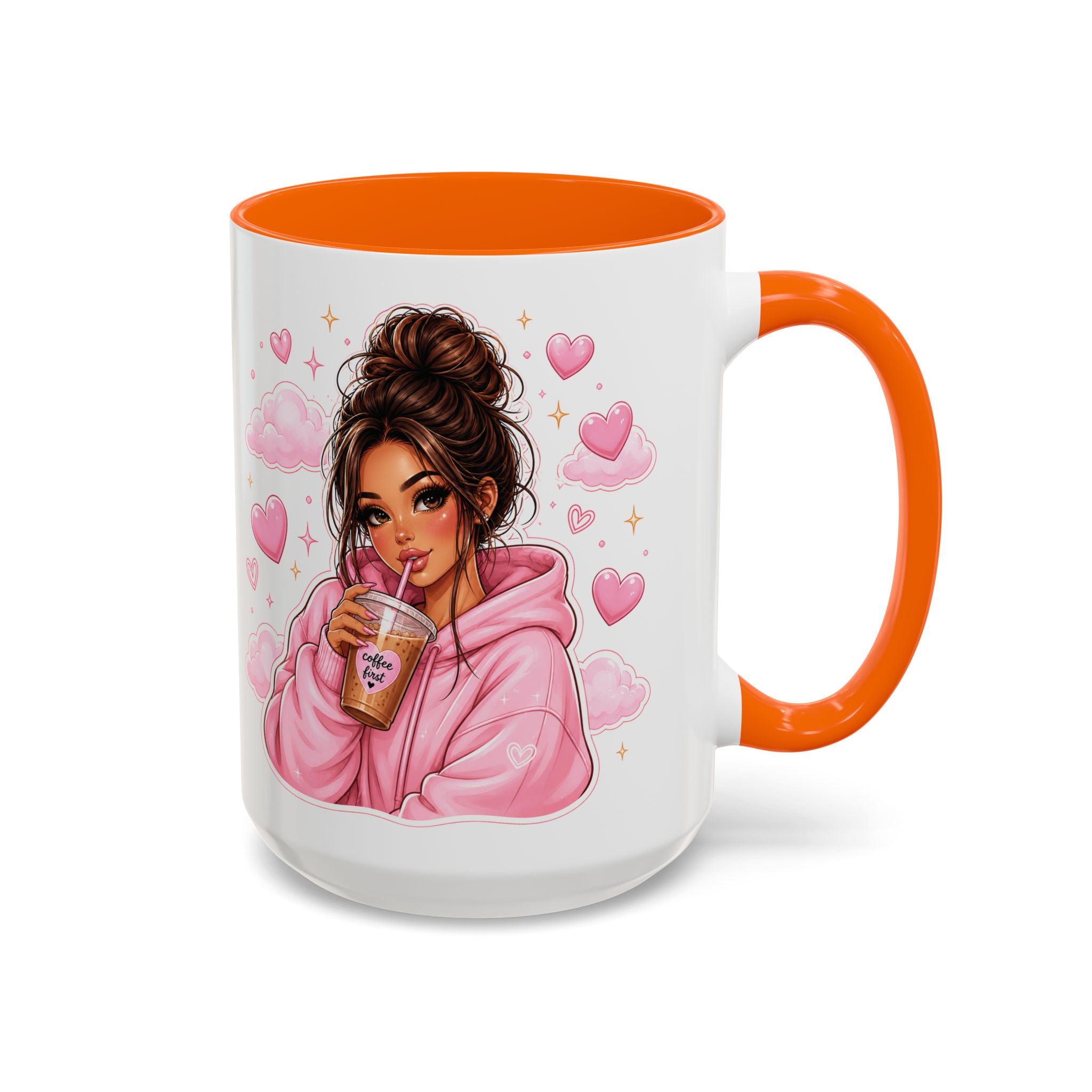 Cute Girl Pink Hoodie Coffee Mug — Iced Coffee Aesthetic Accent Mug (11/15oz)