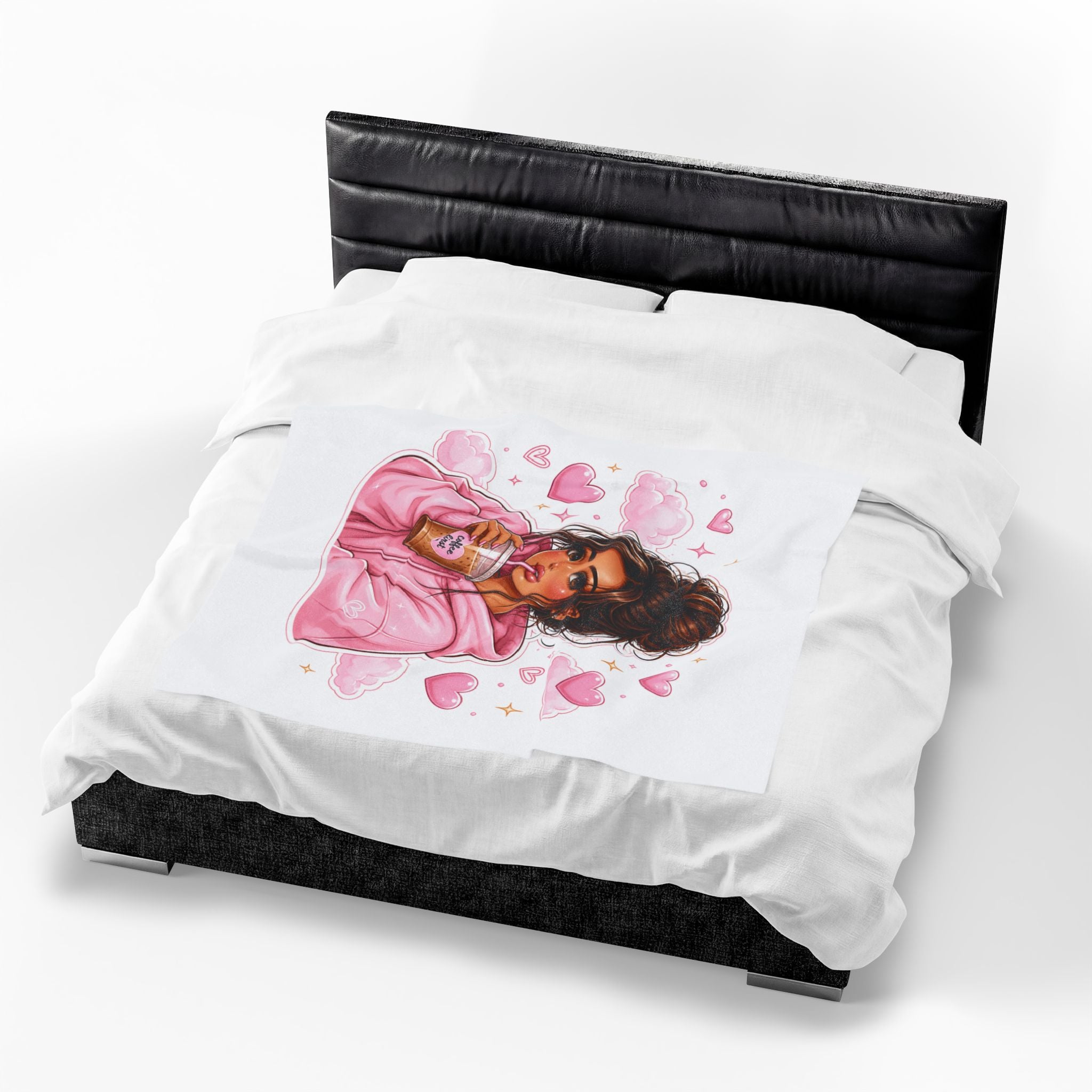 Velveteen Plush Blanket — Cozy Pink Hoodie Girl with Coffee Illustration