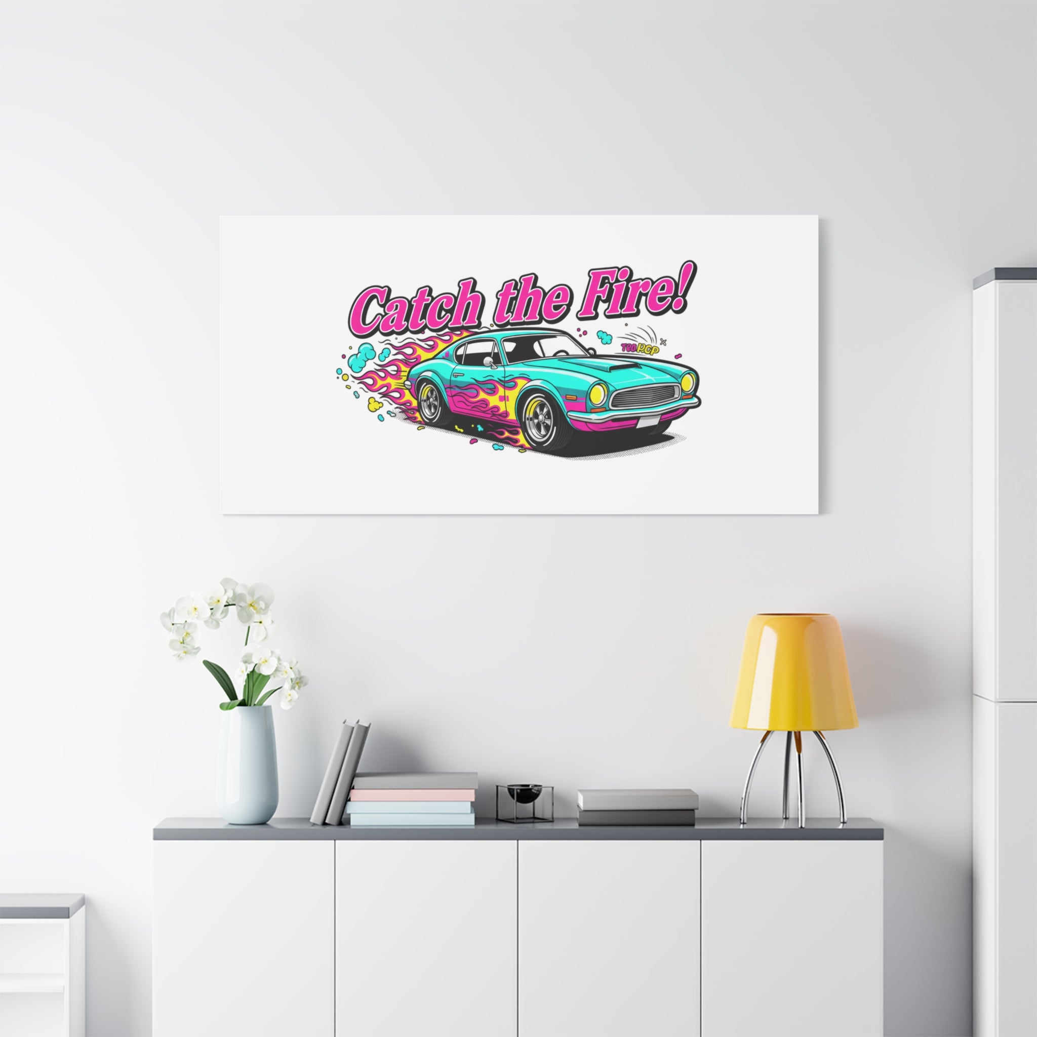 Catch the Fire Retro Car Canvas | Cartoon Racing Flame, Vintage Car Illustration