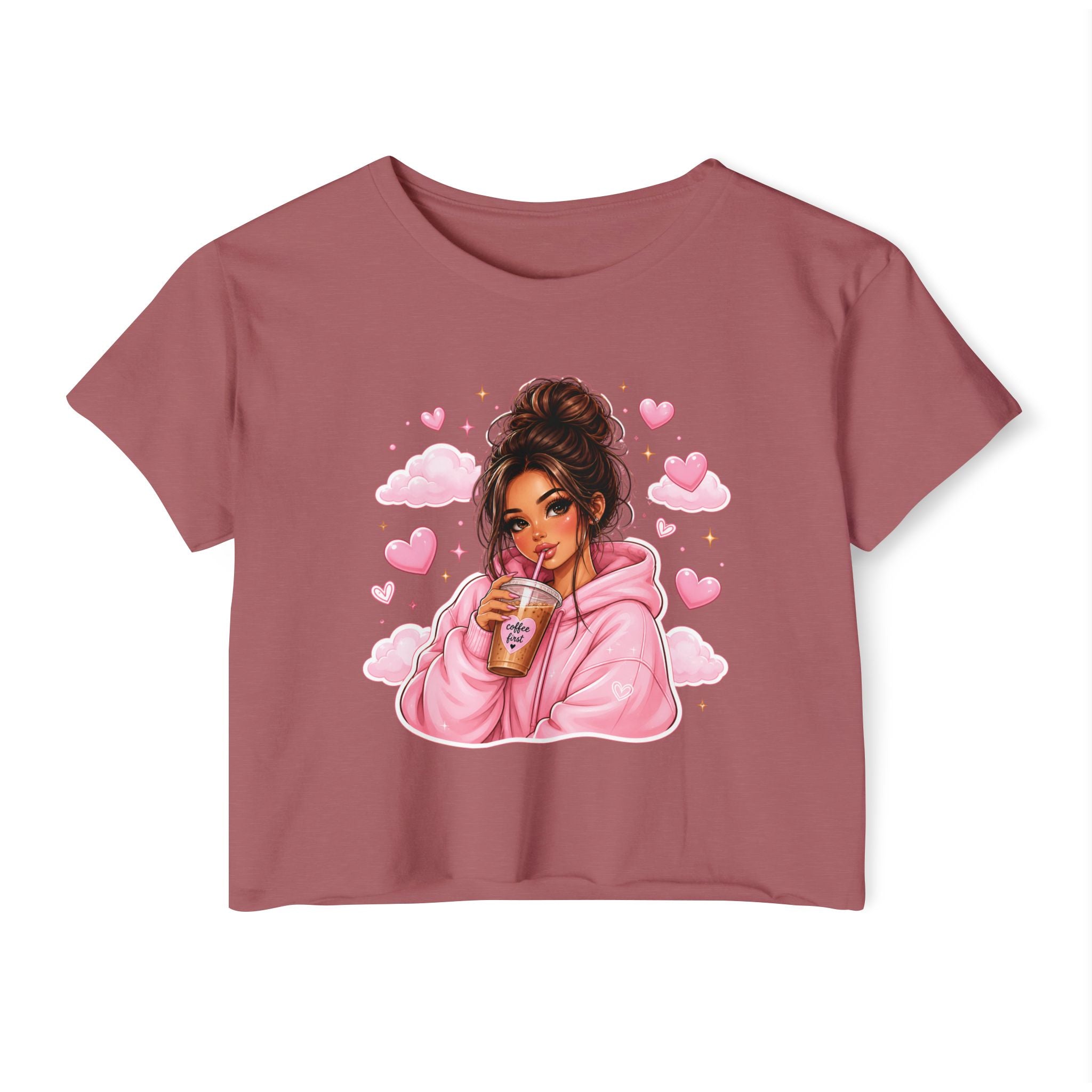 Women's Crop Top — Cute Pink Hoodie Girl Drinking Boba Illustration