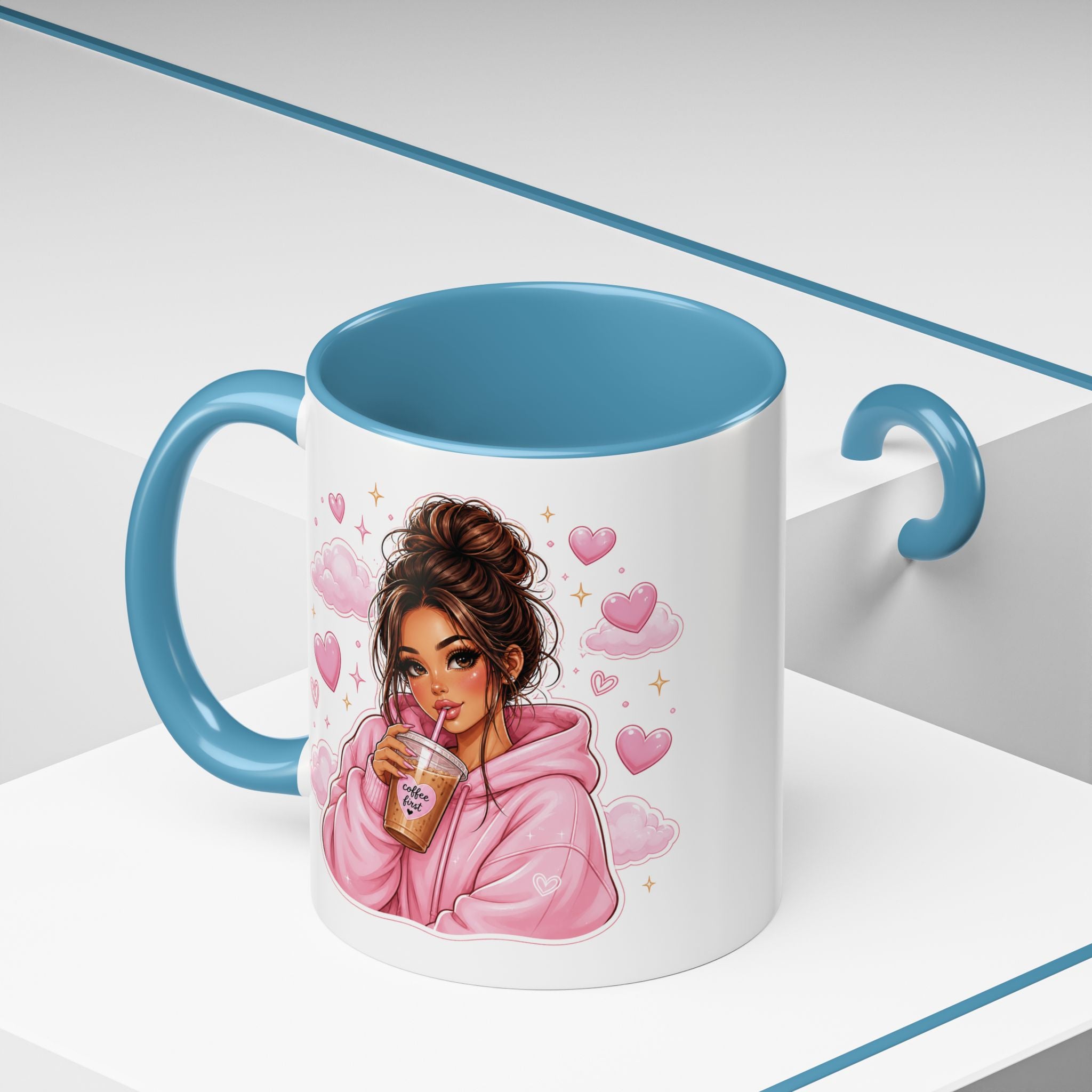 Cute Girl Pink Hoodie Coffee Mug — Iced Coffee Aesthetic Accent Mug (11/15oz)