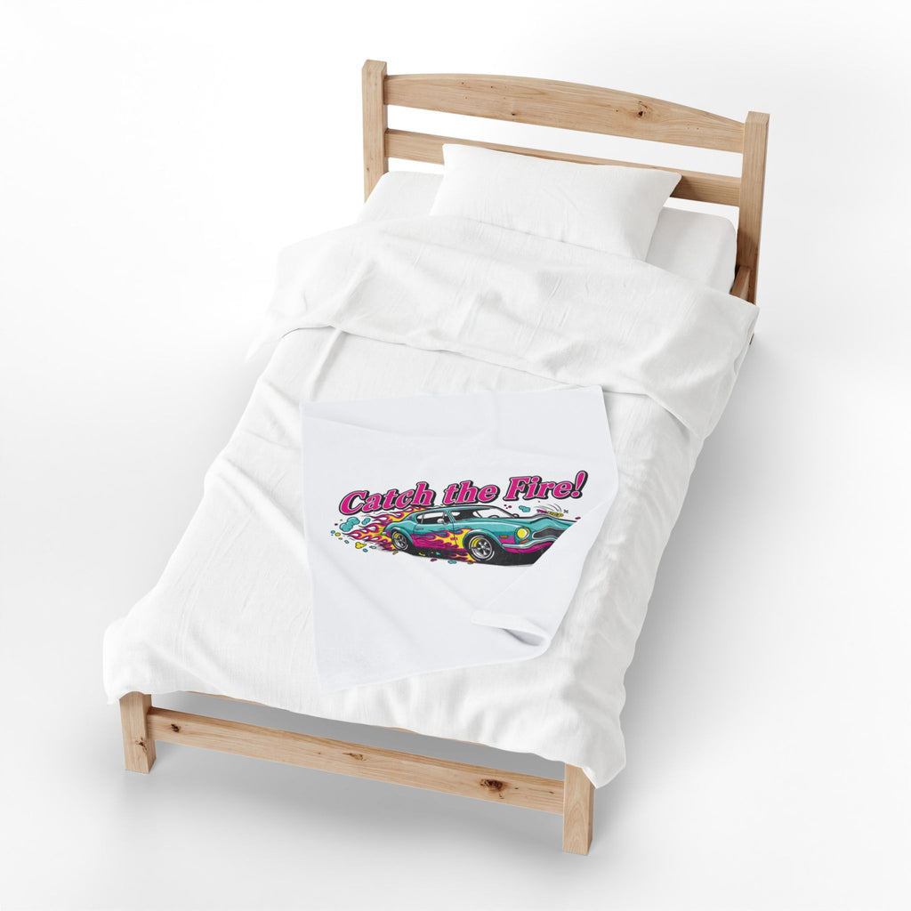 Catch the Fire Retro Cartoon Car Velveteen Plush Blanket | racing flame, vintage car illustration