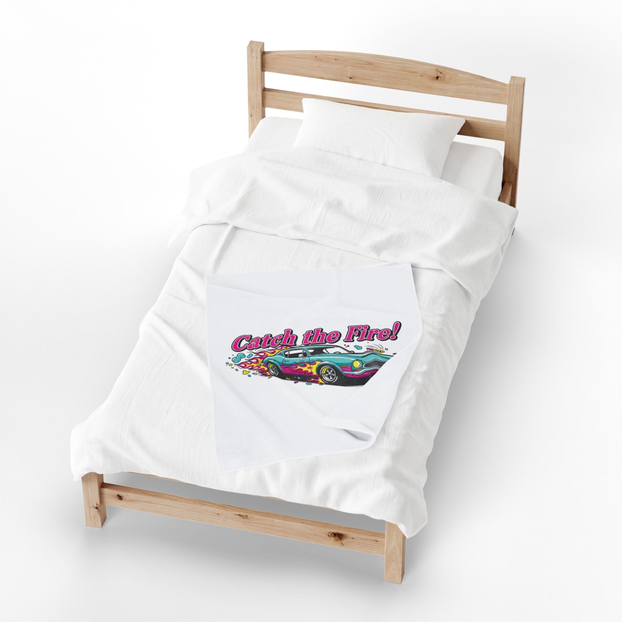Catch the Fire Retro Cartoon Car Velveteen Plush Blanket | racing flame, vintage car illustration