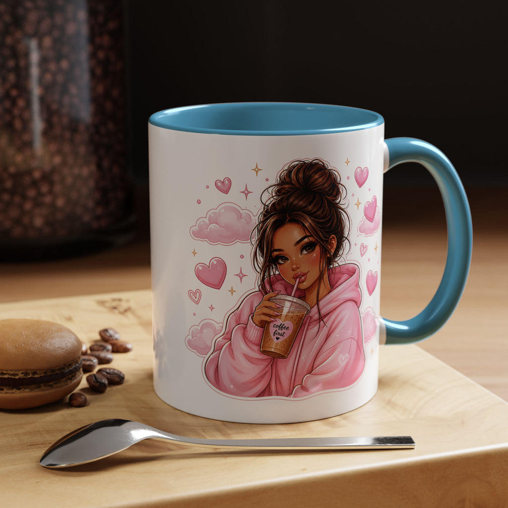 Cute Girl Pink Hoodie Coffee Mug — Iced Coffee Aesthetic Accent Mug (11/15oz)