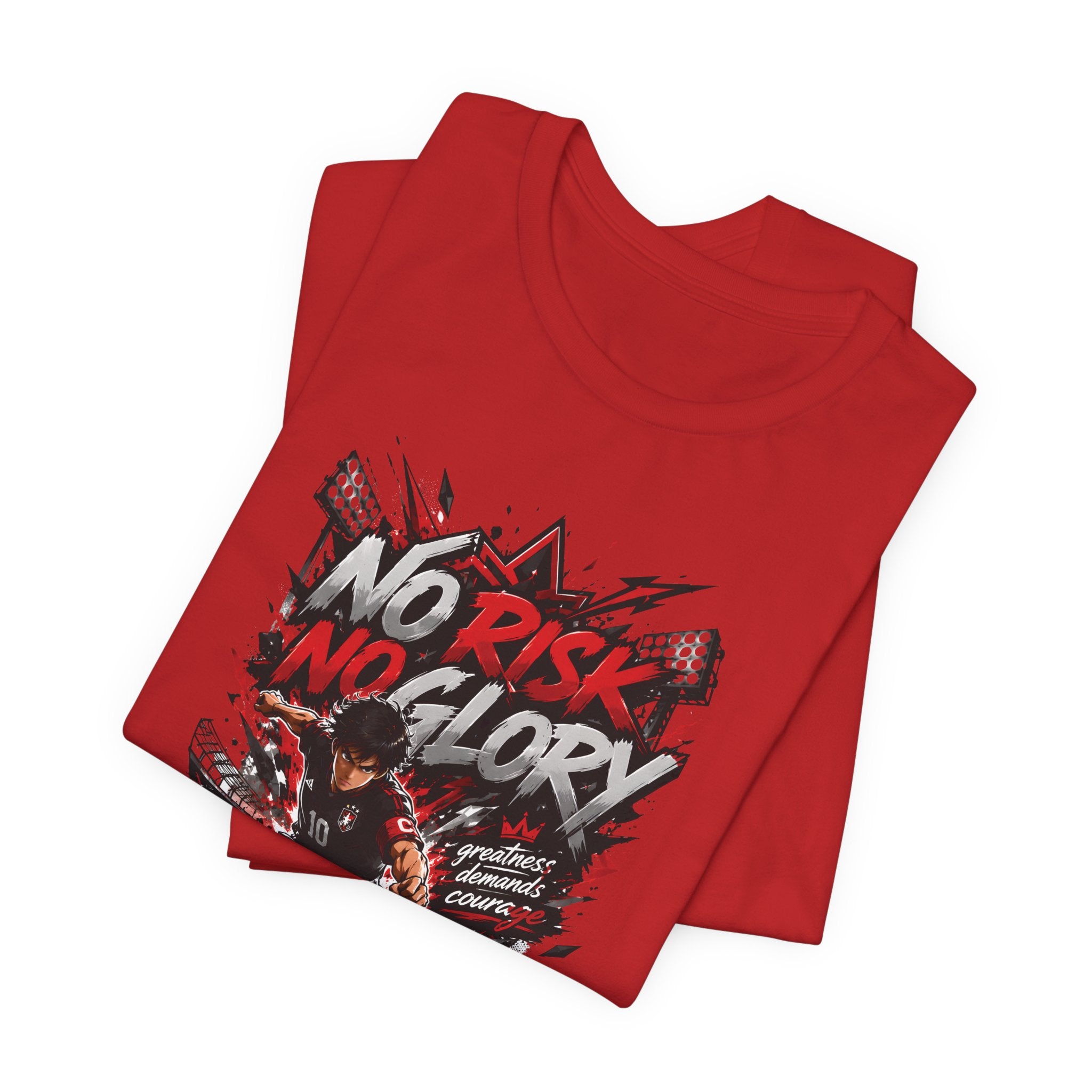 No Risk No Glory Soccer T-Shirt — Dynamic Football Player Graphic Tee