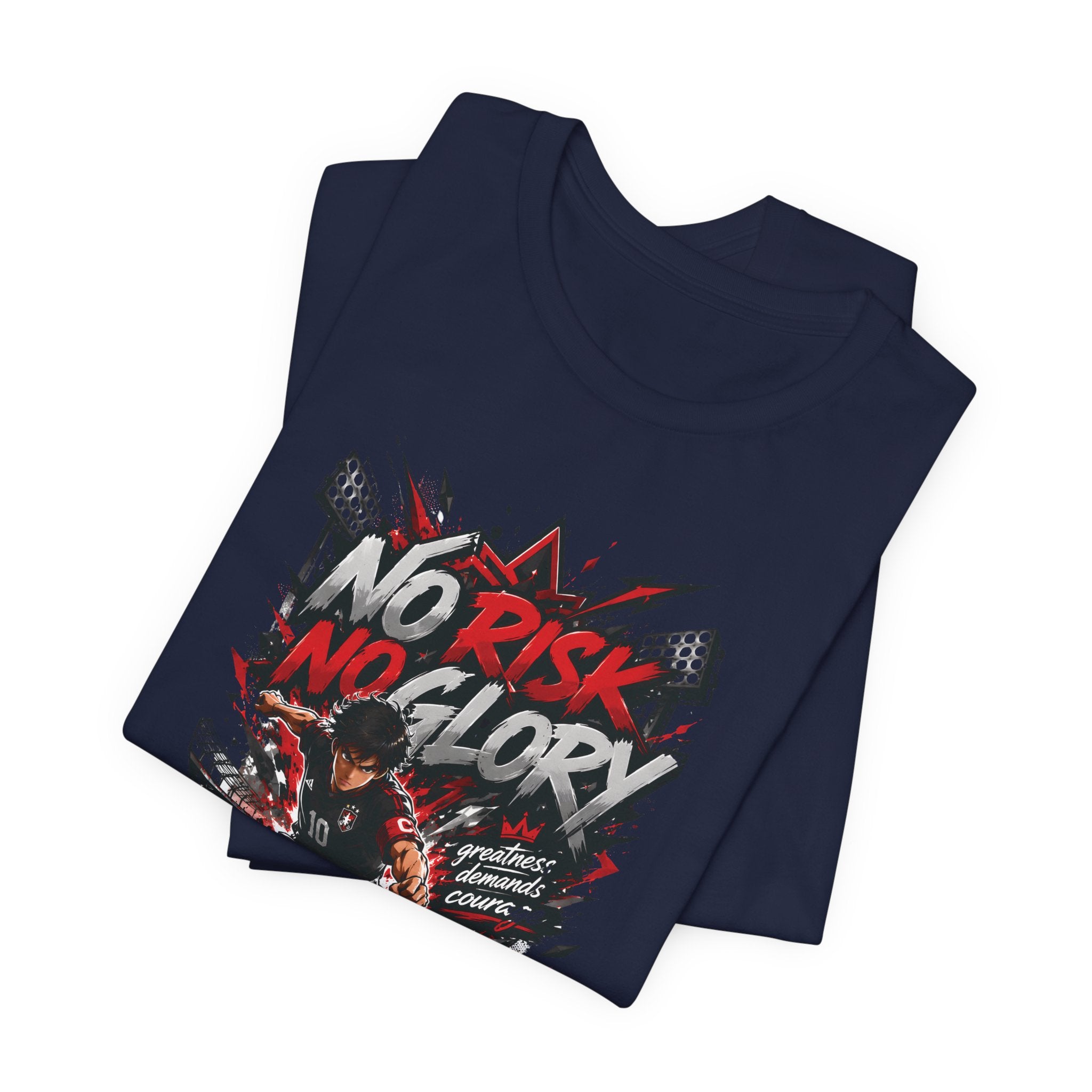 No Risk No Glory Soccer T-Shirt — Dynamic Football Player Graphic Tee