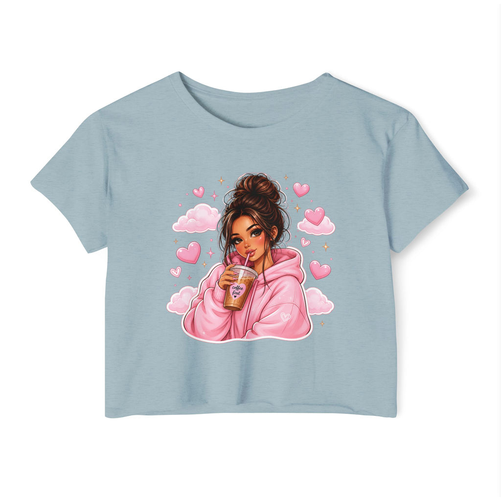 Women's Crop Top — Cute Pink Hoodie Girl Drinking Boba Illustration
