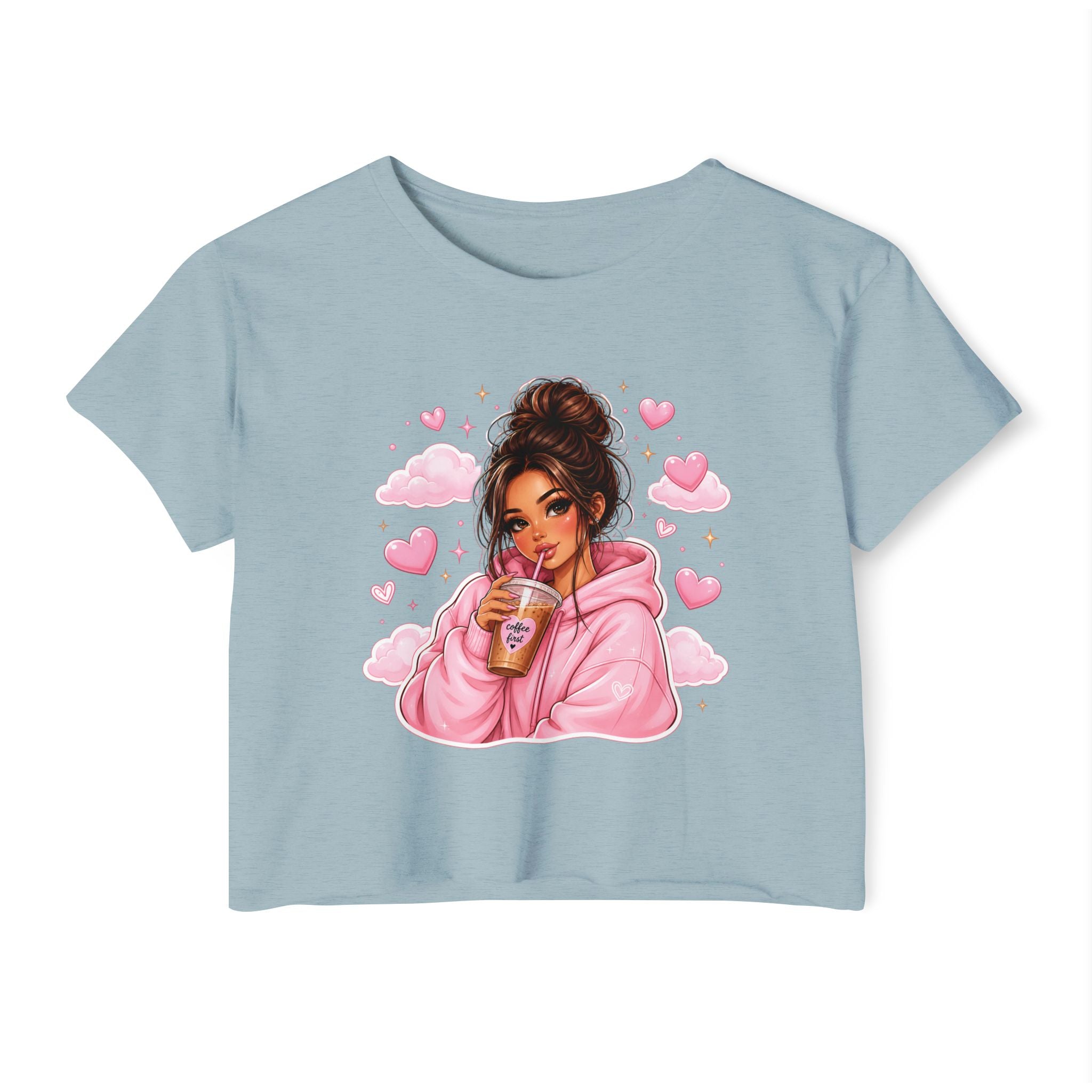 Women's Crop Top — Cute Pink Hoodie Girl Drinking Boba Illustration