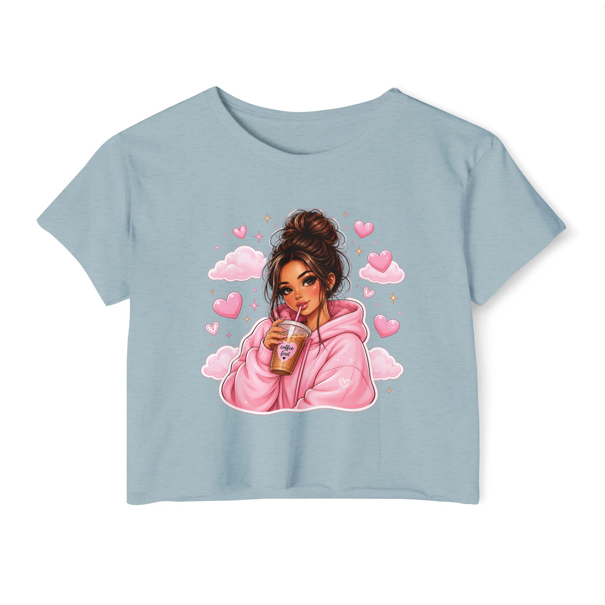 Women's Crop Top — Cute Pink Hoodie Girl Drinking Boba Illustration