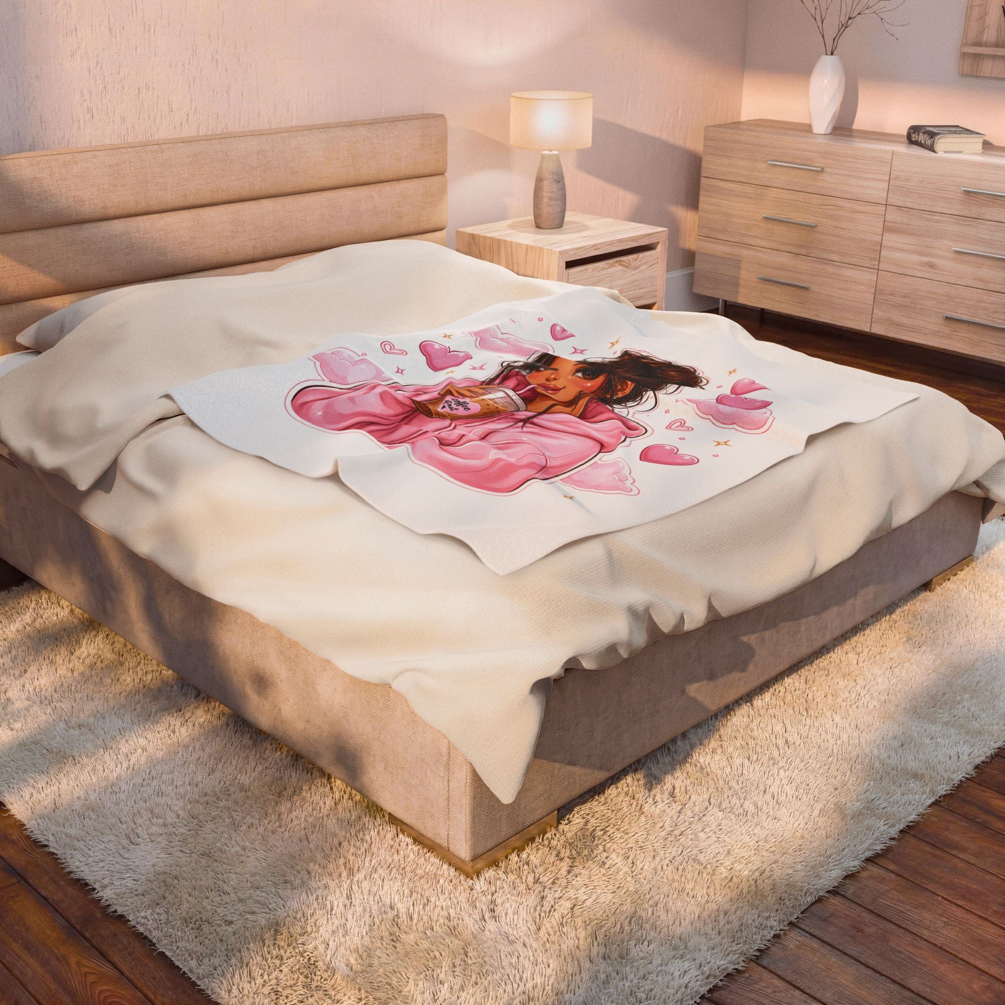 Velveteen Plush Blanket — Cozy Pink Hoodie Girl with Coffee Illustration