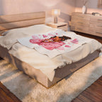 Velveteen Plush Blanket — Cozy Pink Hoodie Girl with Coffee Illustration