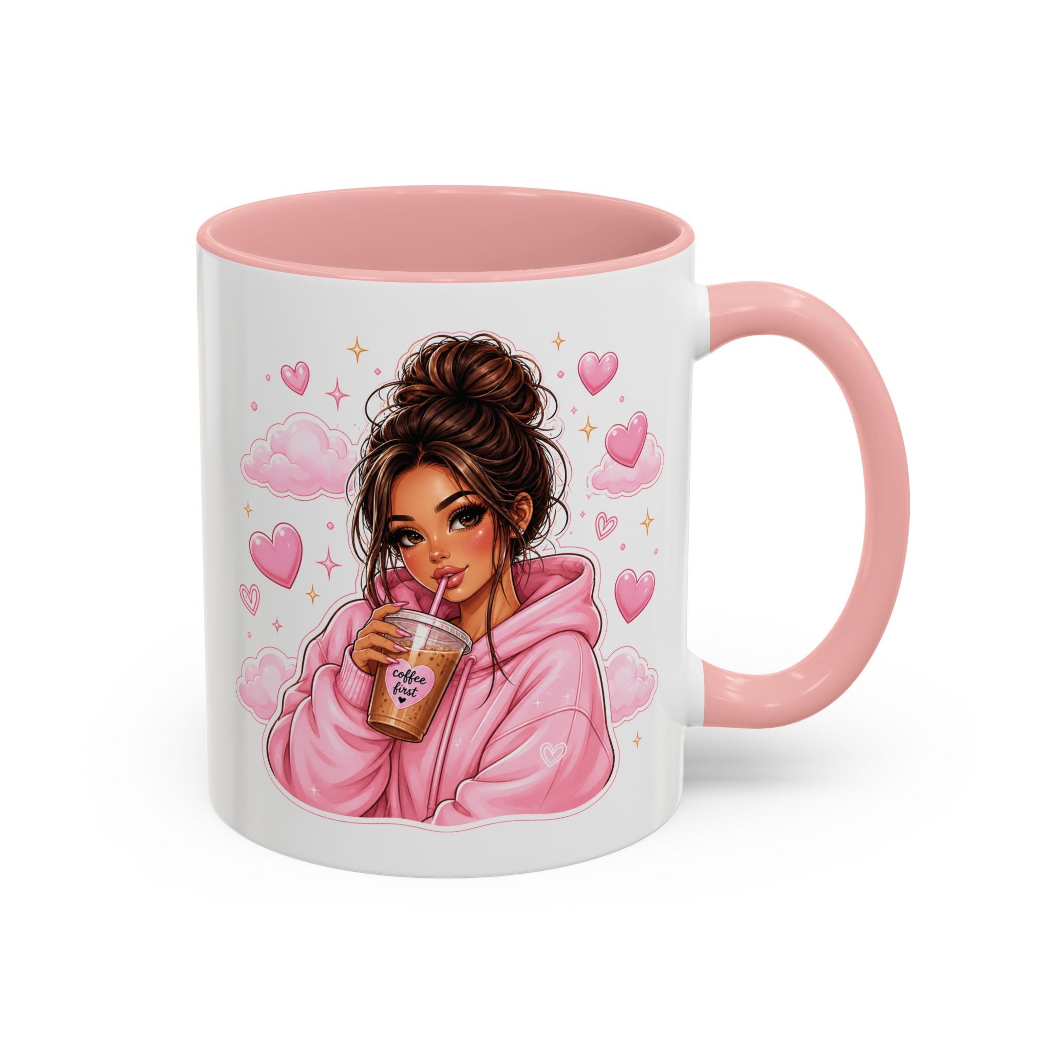 Cute Girl Pink Hoodie Coffee Mug — Iced Coffee Aesthetic Accent Mug (11/15oz)