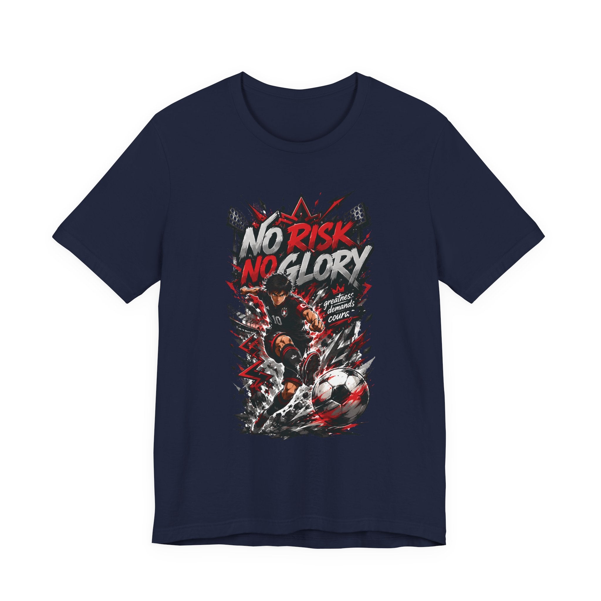 No Risk No Glory Soccer T-Shirt — Dynamic Football Player Graphic Tee