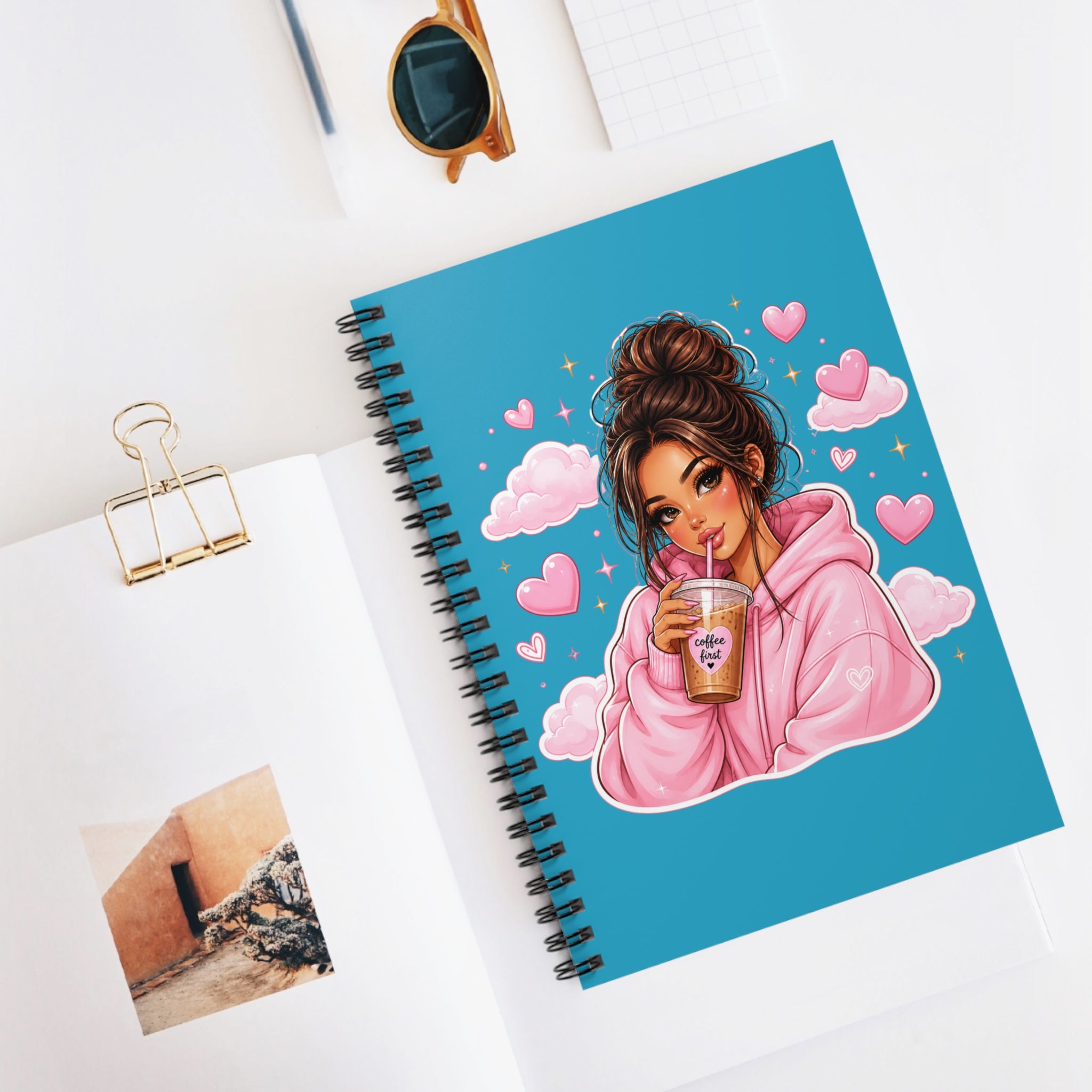 Cute Girl Drinking Bubble Tea Spiral Notebook — Kawaii Pink Hoodie Journal