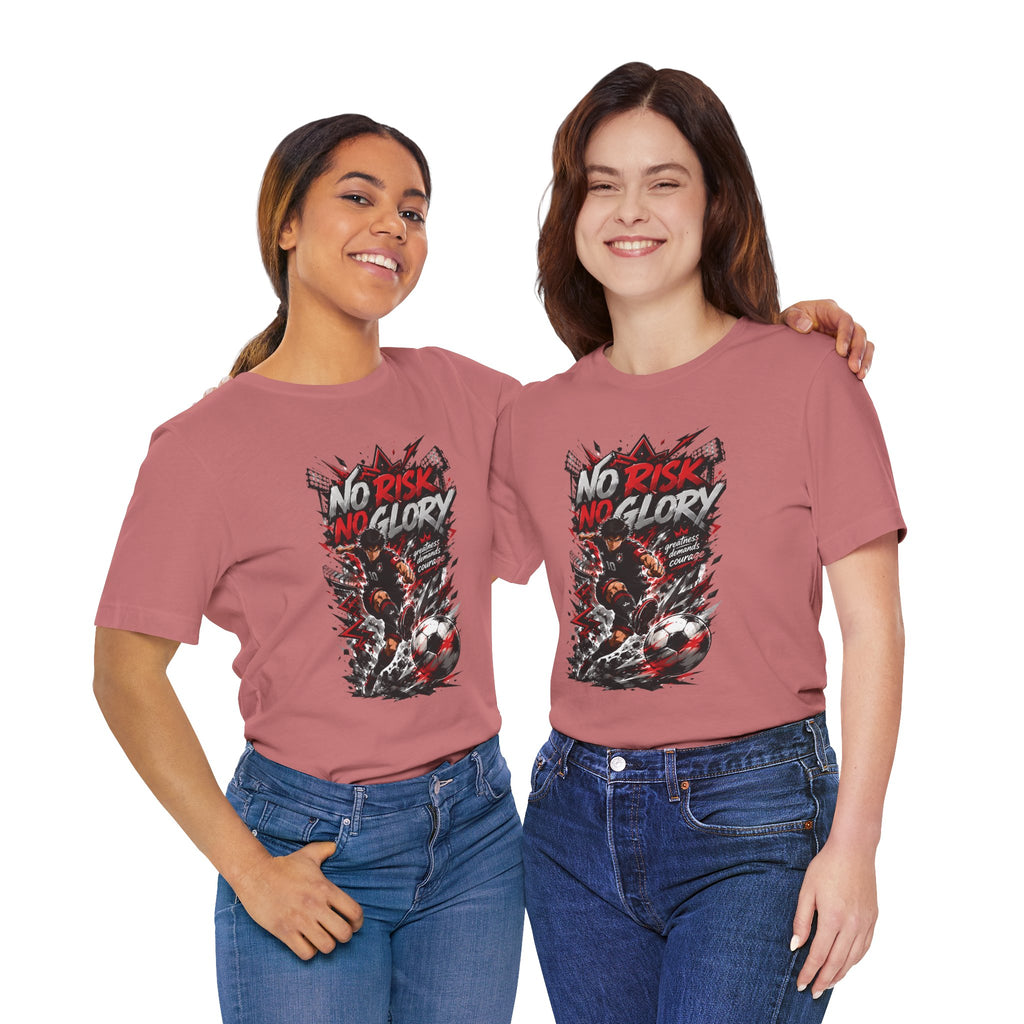 No Risk No Glory Soccer T-Shirt — Dynamic Football Player Graphic Tee