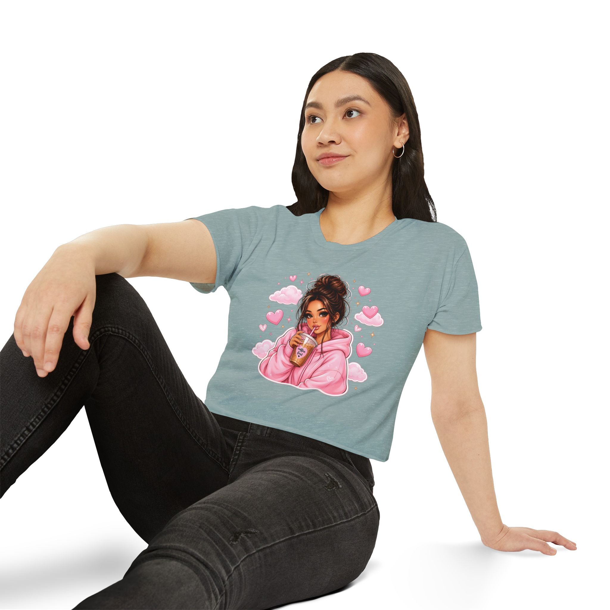 Women's Crop Top — Cute Pink Hoodie Girl Drinking Boba Illustration