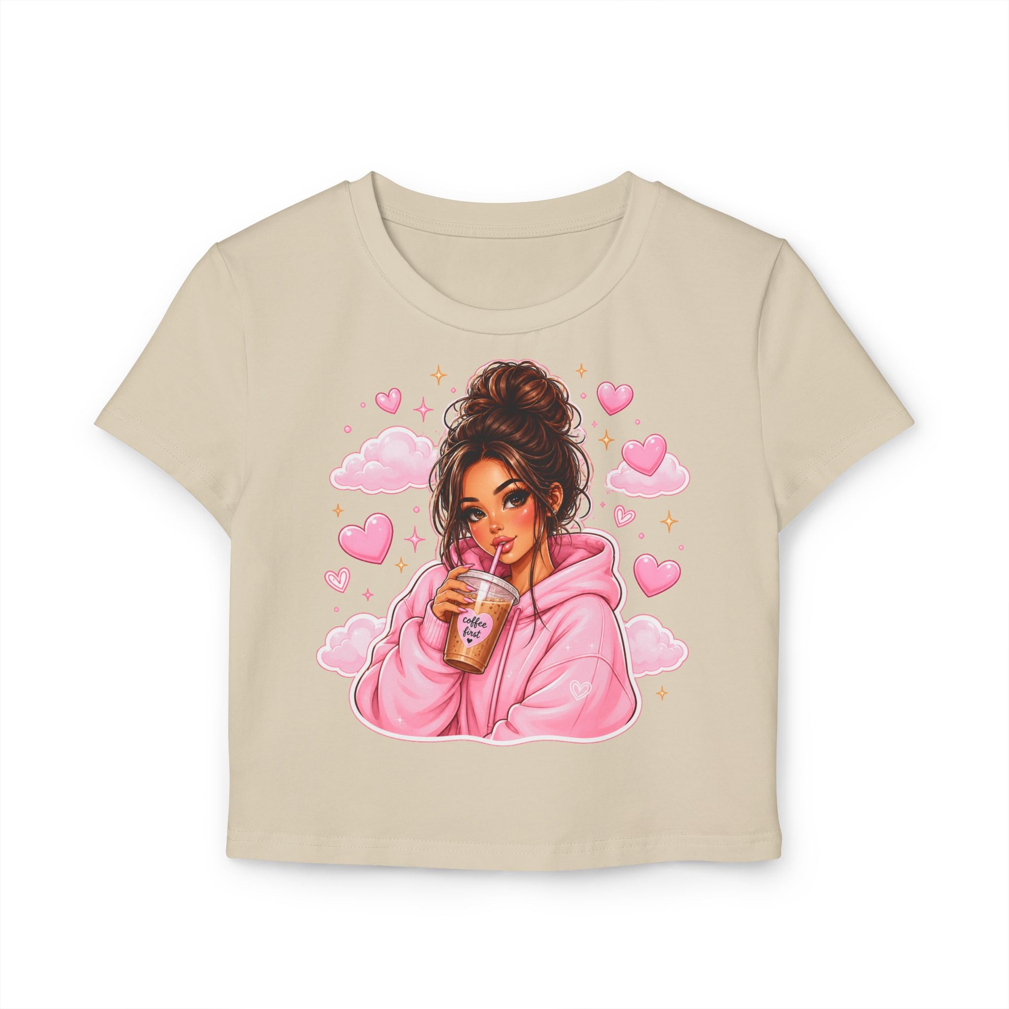 Baby Tee — Cute Girl Drinking Coffee Illustration, Pink Hearts Cozy Aesthetic Top