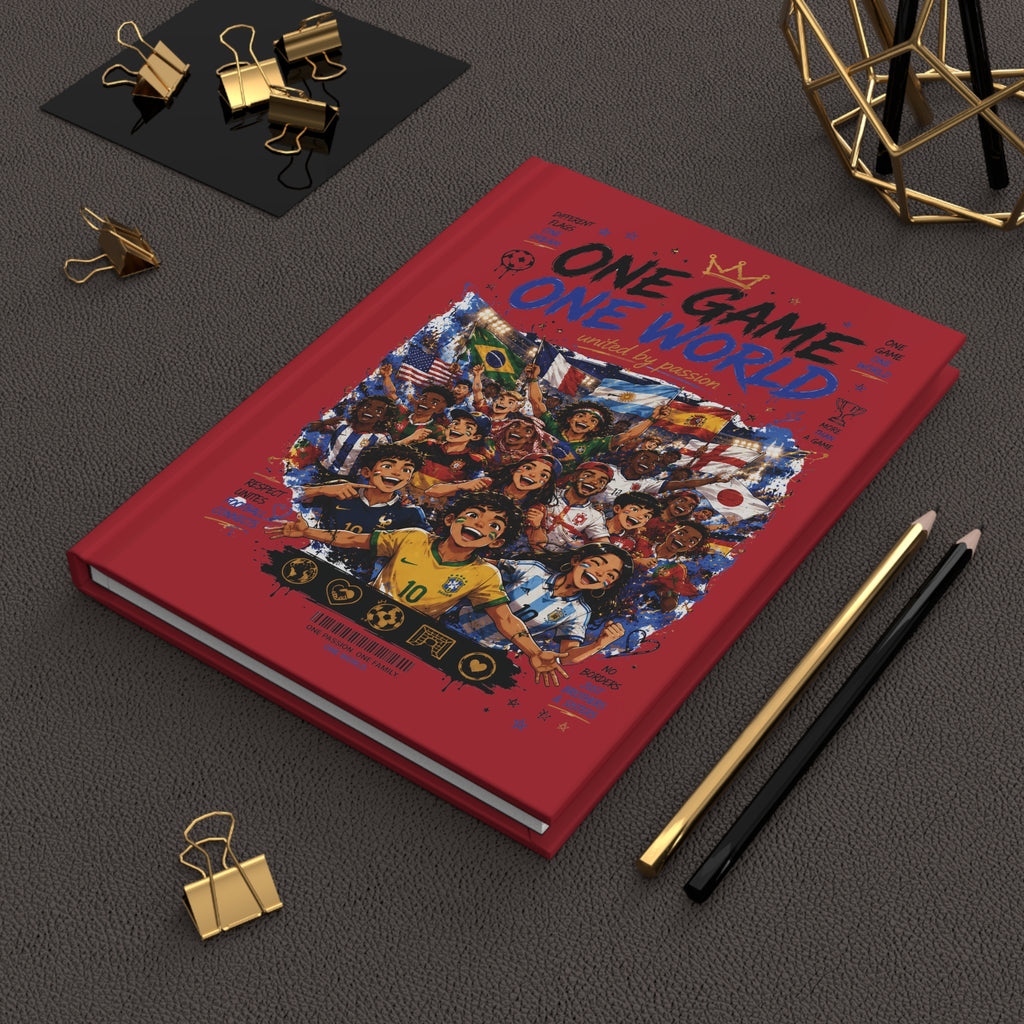 Hardcover Journal — "One Game One World" Soccer Team Notebook (Personalizable Back with Name & Number)