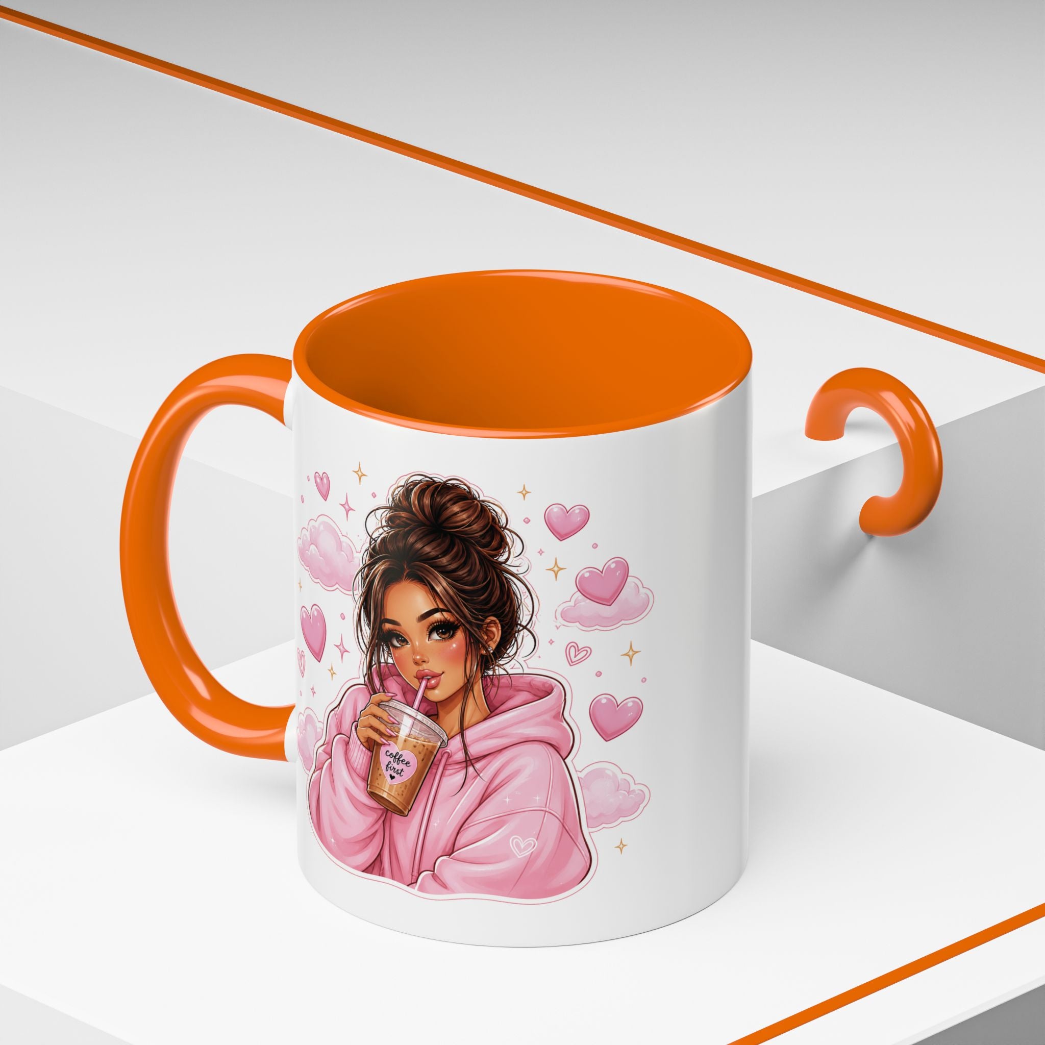 Cute Girl Pink Hoodie Coffee Mug — Iced Coffee Aesthetic Accent Mug (11/15oz)