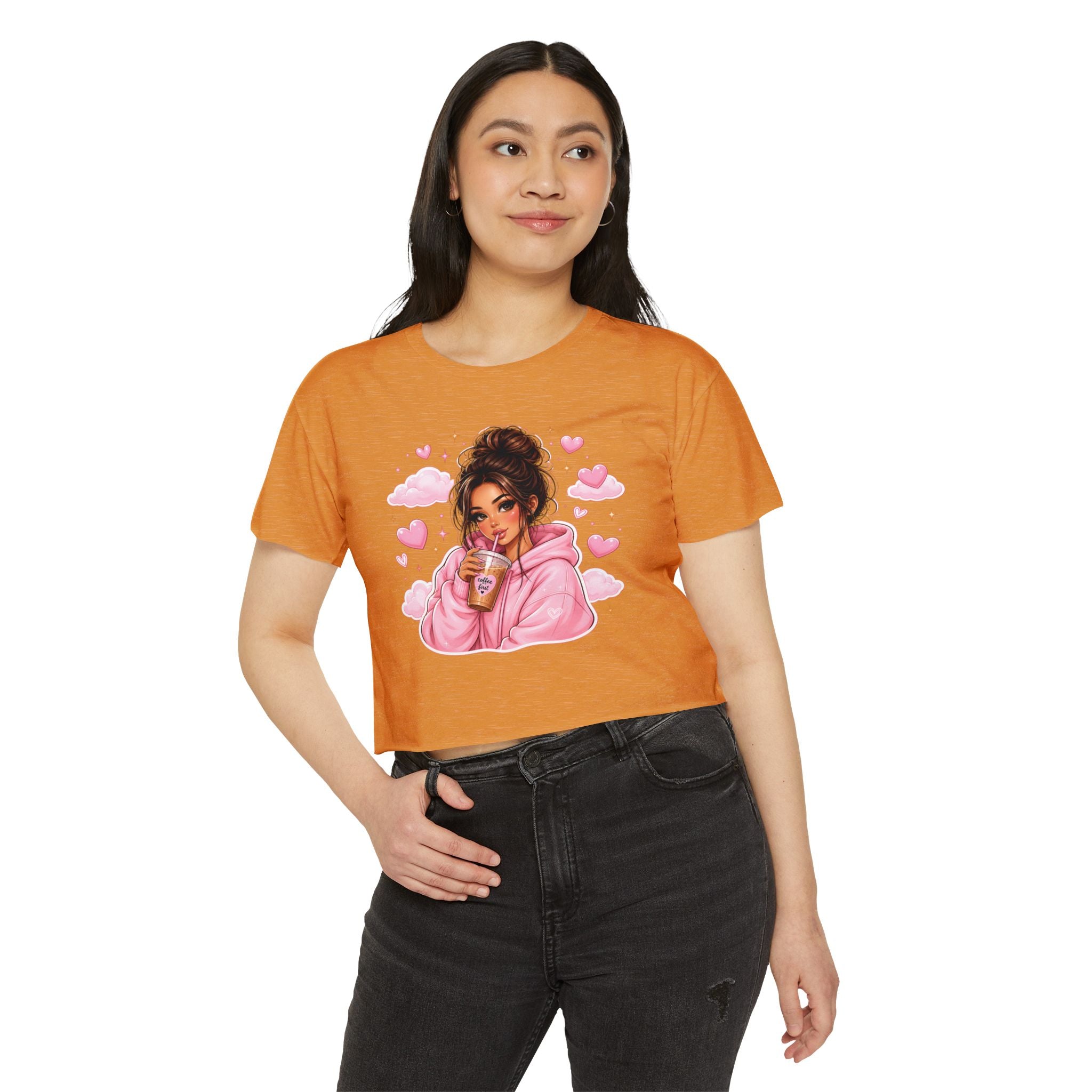 Women's Crop Top — Cute Pink Hoodie Girl Drinking Boba Illustration