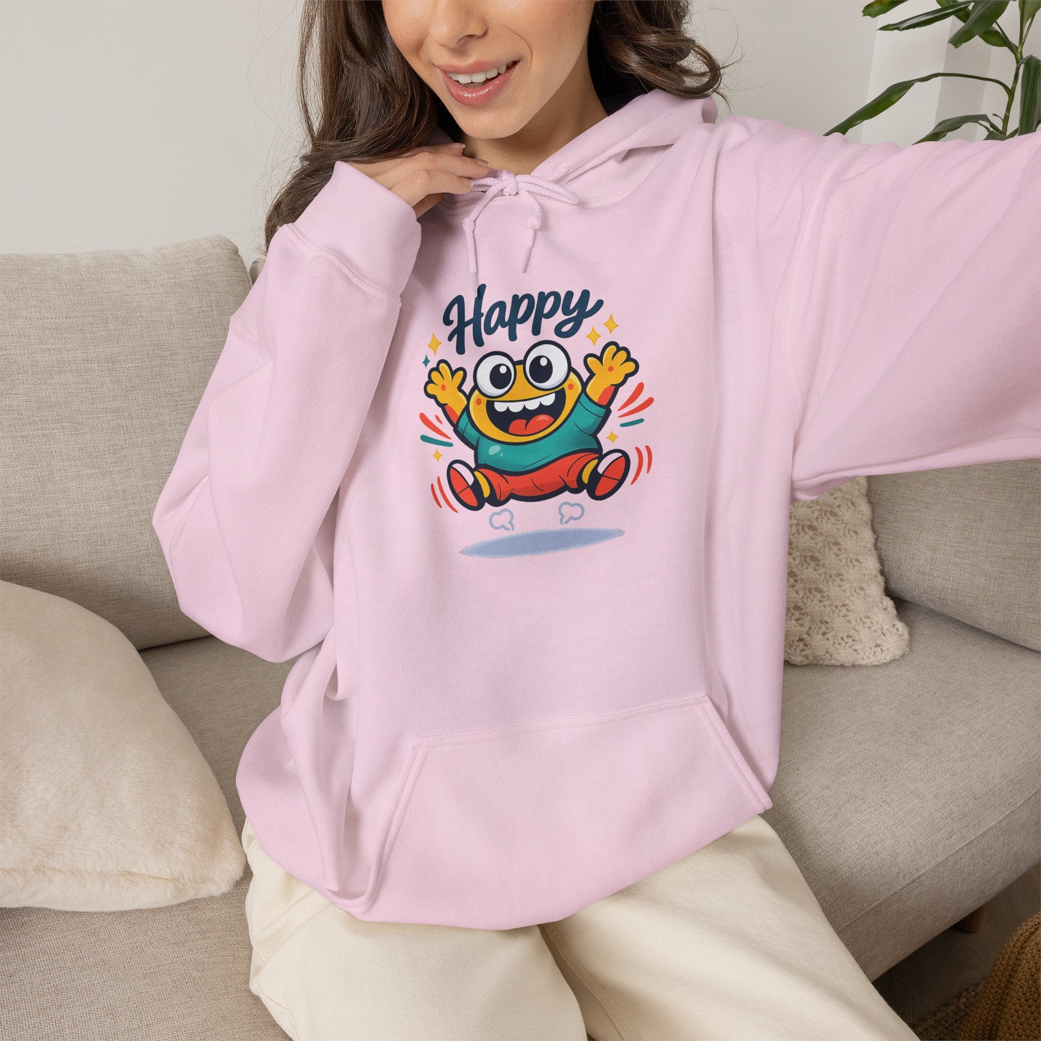 Happy Blob Cartoon Hoodie | kawaii minimal, thick outline mood face