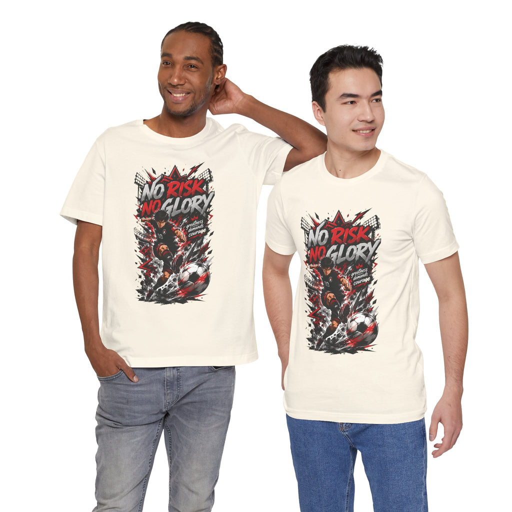 No Risk No Glory Soccer T-Shirt — Dynamic Football Player Graphic Tee