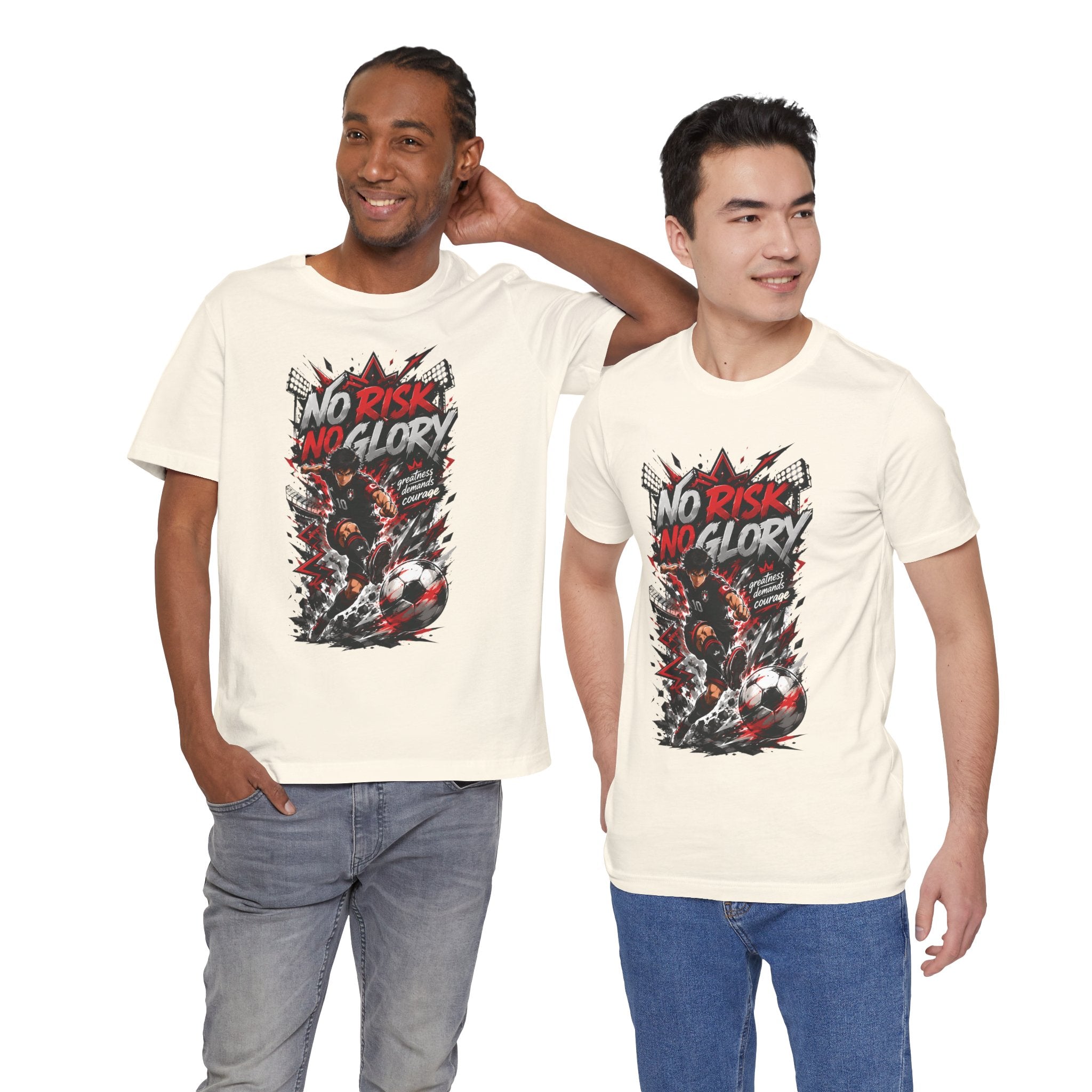 No Risk No Glory Soccer T-Shirt — Dynamic Football Player Graphic Tee